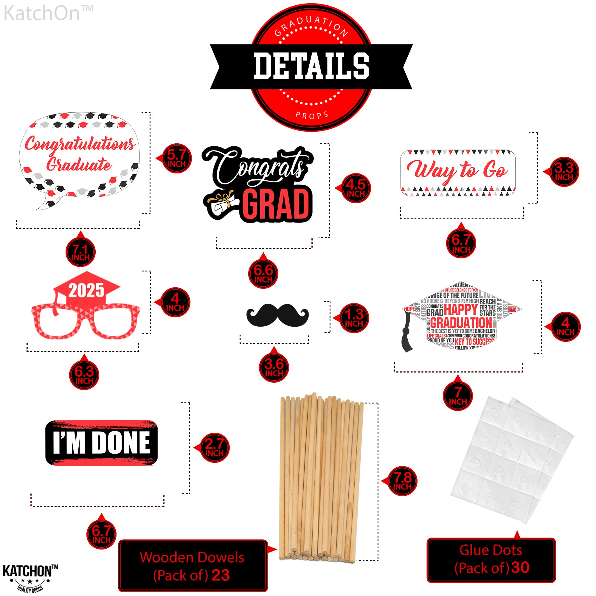 KatchOn Red Graduation Photo Booth Props 2025 - 23-Piece Set | Red & Black Graduation Decor for Class of 2025 | Perfect for Graduation Parties, Photo Booths & School Events