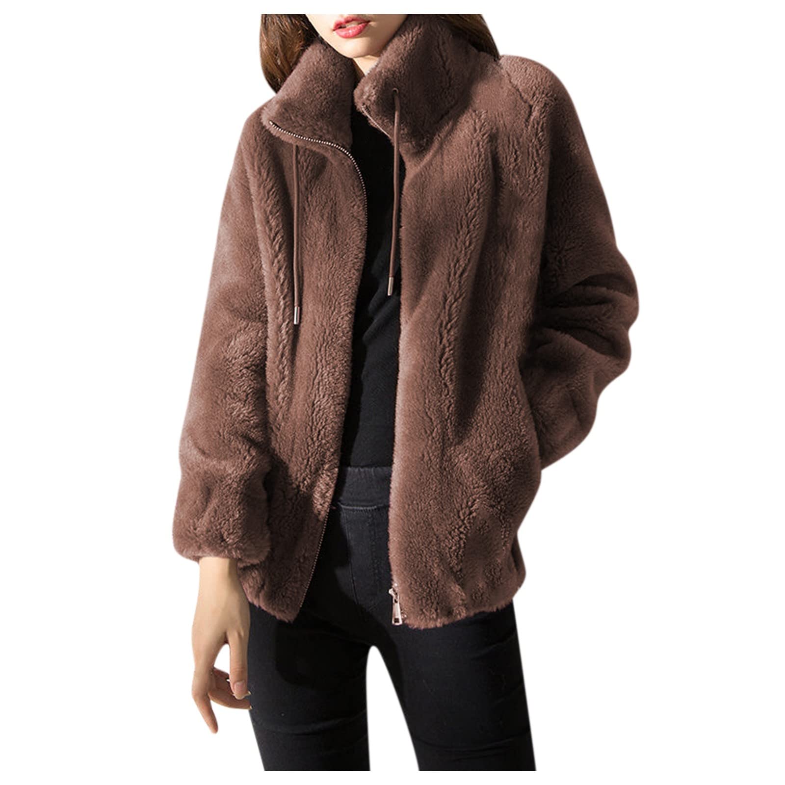 Women's Fashion Fleece Coat with Faux Suede Splicing, Zipper Jacket with Pockets - Warm Winter Outerwear for Casual Wear, Work & Outdoor Activities