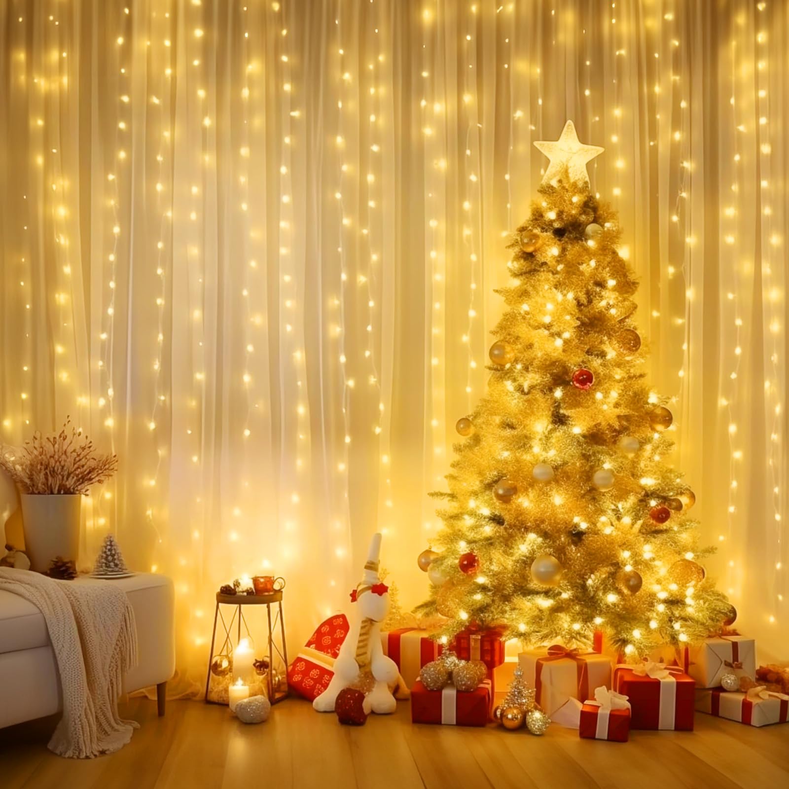 Brightown 300 LED Dimmable Fairy Curtain Lights with Remote & Timer - 8 Lighting Modes, USB Powered String Lights for Bedroom, Wedding, Christmas Decor (9.8x9.8ft) - Perfect for Indoor Wall, Party, and Holiday Decoration