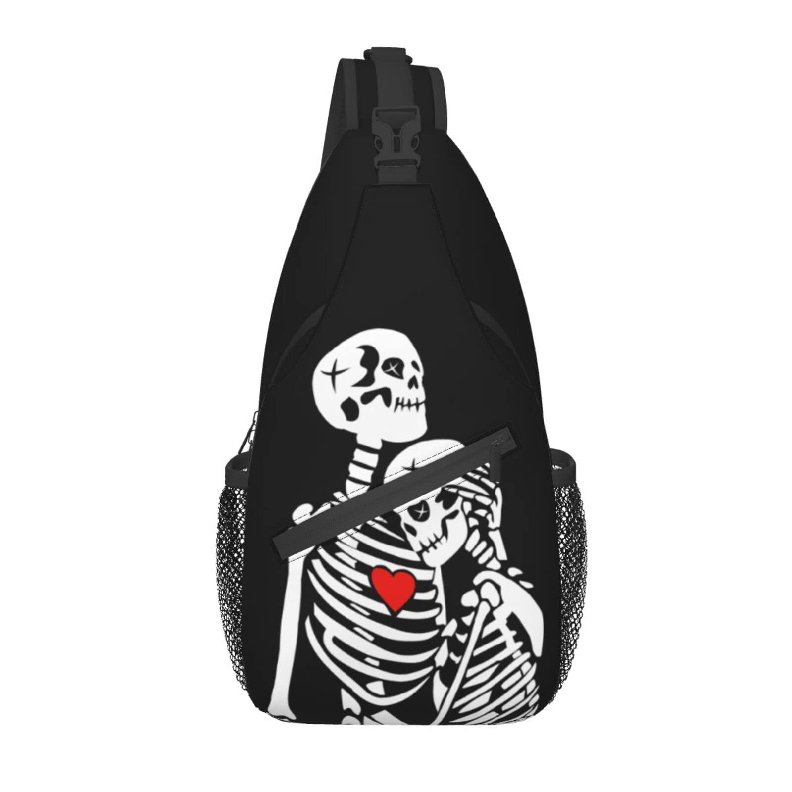 Skull Love Heart Crossbody Sling Bag for Women & Men - Lightweight Chest Shoulder Backpack for Hiking, Travel, Cycling & Outdoor Activities - Small Casual Daypack with Adjustable Strap