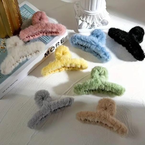 Elegant Faux Fur Plush Hair Claw Clips - 4 Pack Acrylic Women's Hair Accessories for Ponytails, Buns & Everyday Styling