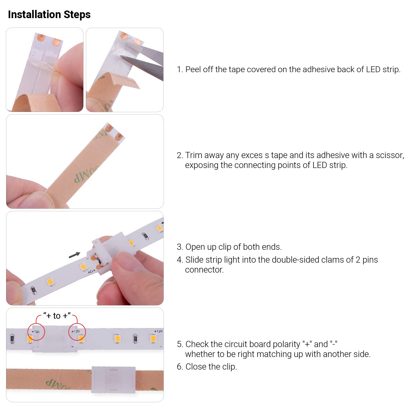 2 Pin 10mm Solderless LED Strip Connector - 10 Pack for Flexible LED Light Strips | Gapless Snap Design, 5A Max Current | Perfect for Home Lighting, DIY Projects & Cabinet Underlighting