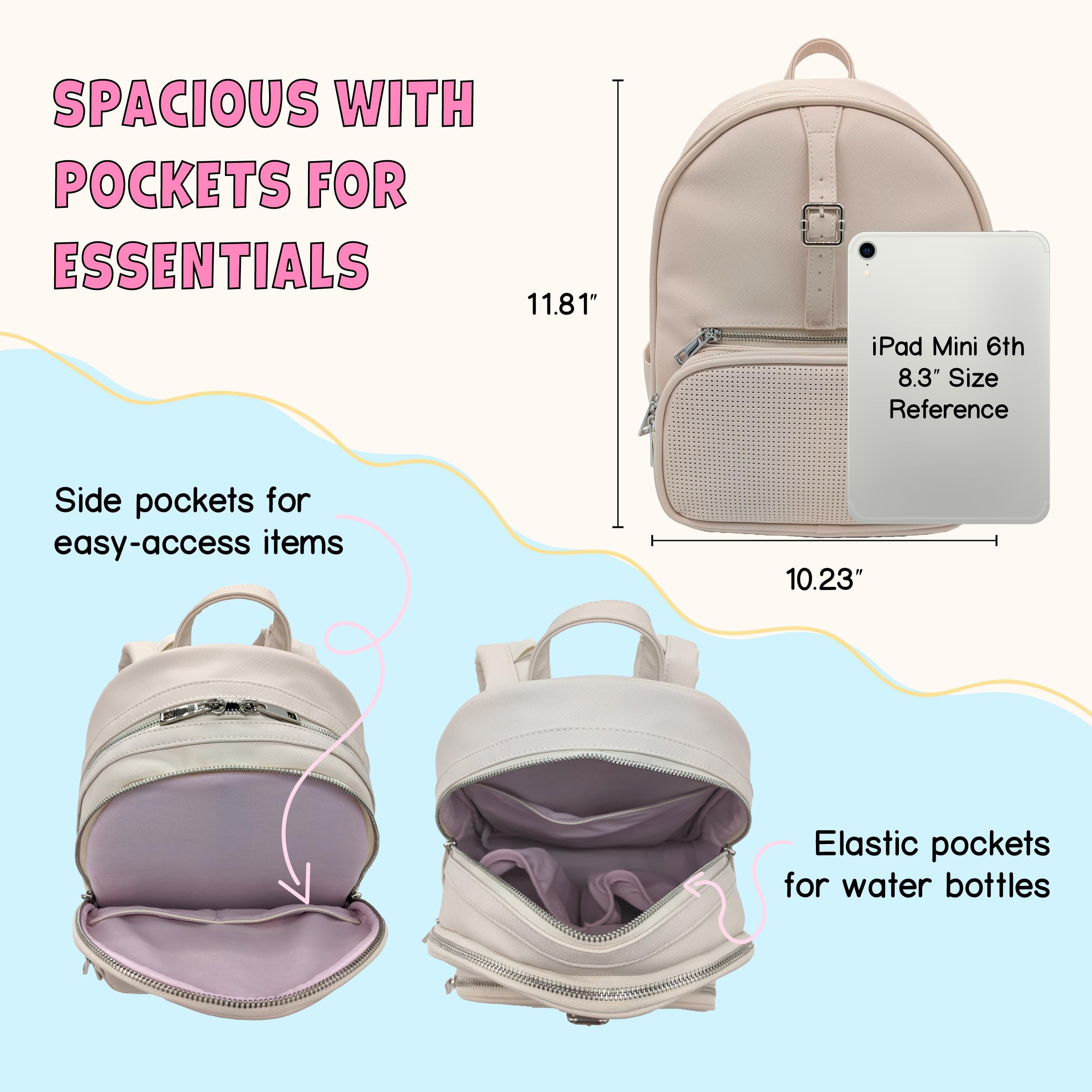 Designer Park Company - Stylish Leather Rope Drop Backpack for Women with Adjustable Straps, Hydration Kit & Locking Pins | Perfect for Theme Parks, Travel, Hiking & Daily Use - Vanilla Vibes
