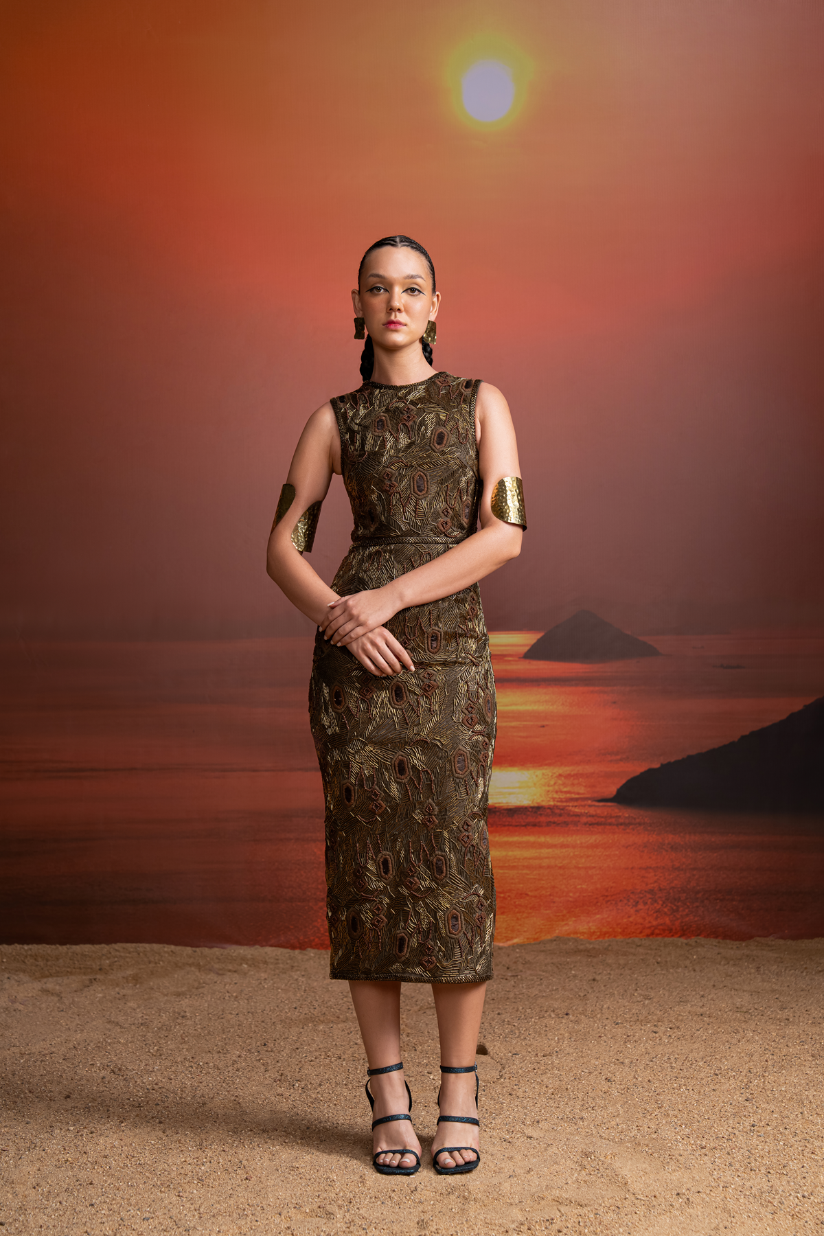 Elegant Olive Green Heavy Baroque Embellished Sheath Dress for Women - Perfect for Weddings, Parties & Special Occasions