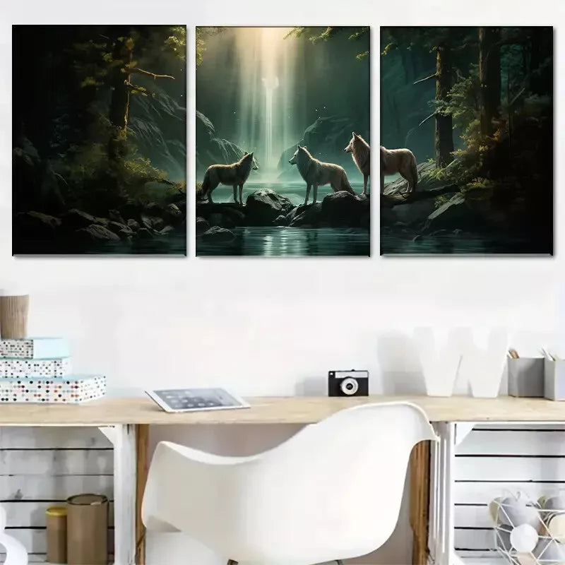 3-Piece Enchanting Wolf and Waterfall Forest Art Set - Framed Canvas Wall Decor 50x70cm | High Quality Australian Made Print | Ready to Hang | Perfect for Living Room, Bedroom & Office Decor