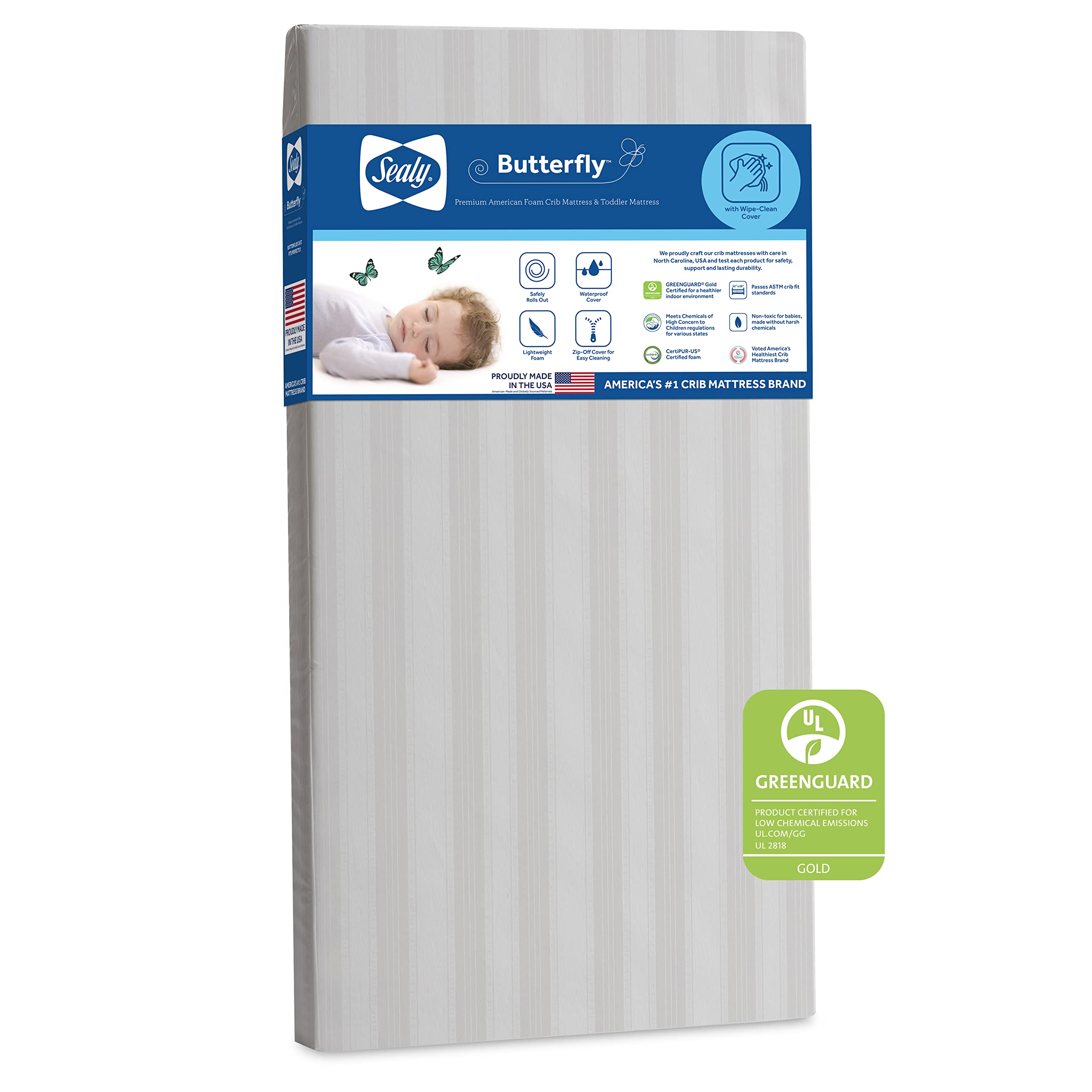 Sealy Baby Butterfly Crib Mattress & Toddler Bed - Premium American Foam, Washable Zip-Off Cover, GREENGUARD Gold Certified, Safety Tested, Made in USA, 52