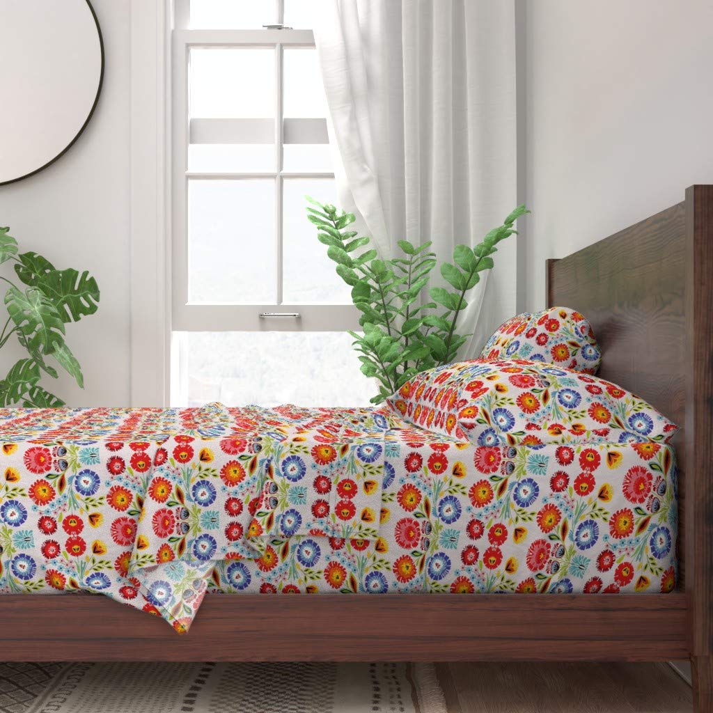 Floral Folk Art Cotton Sheets Twin 3-Piece Set | 100% Cotton Bedding with Traditional Heritage Print | Perfect for Boho Bedroom Decor & Guest Room Styling