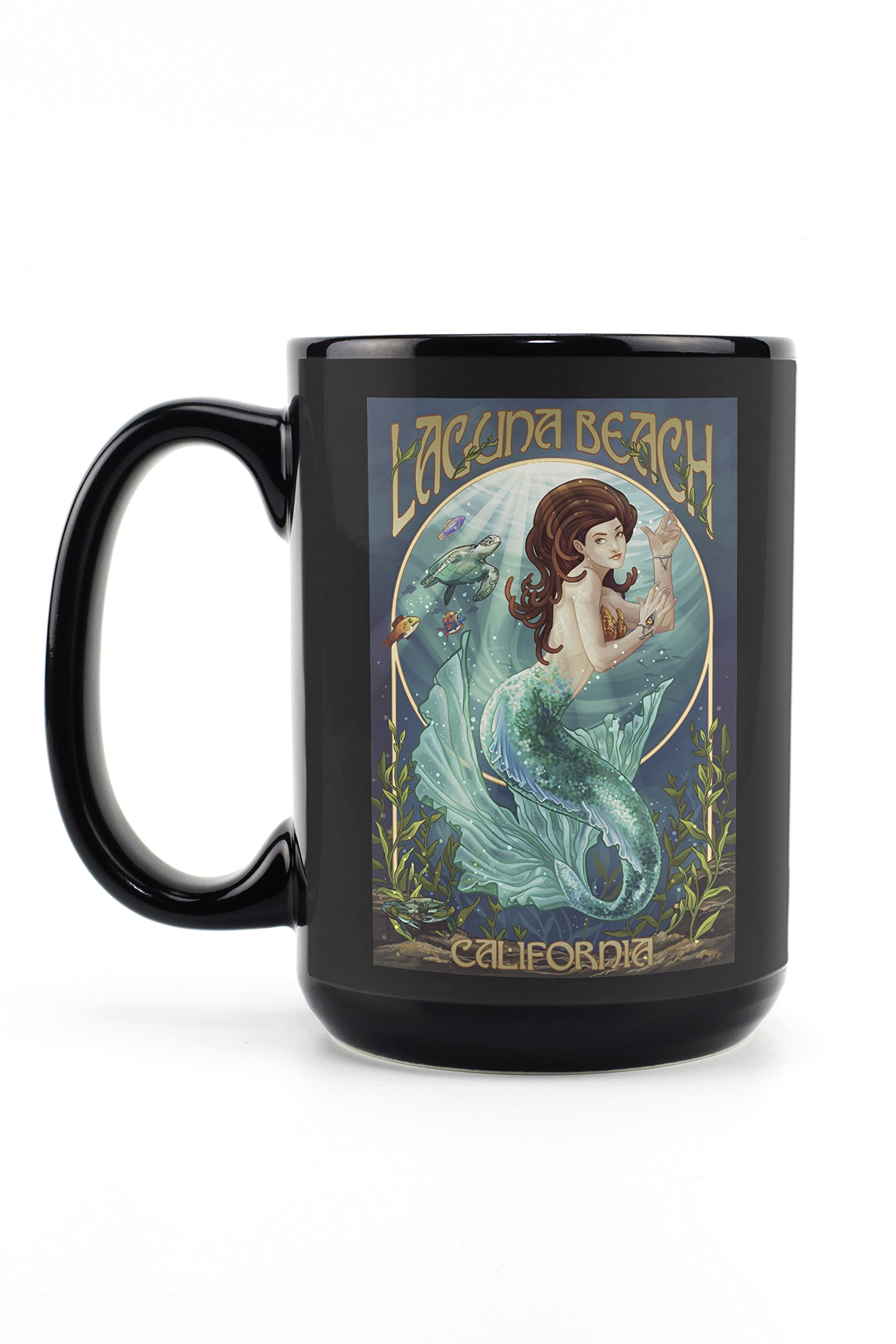 15oz Black Ceramic Coffee Mug - Laguna Beach California Mermaid Design - Microwave & Dishwasher Safe - Perfect for Home, Office or Beach House Use