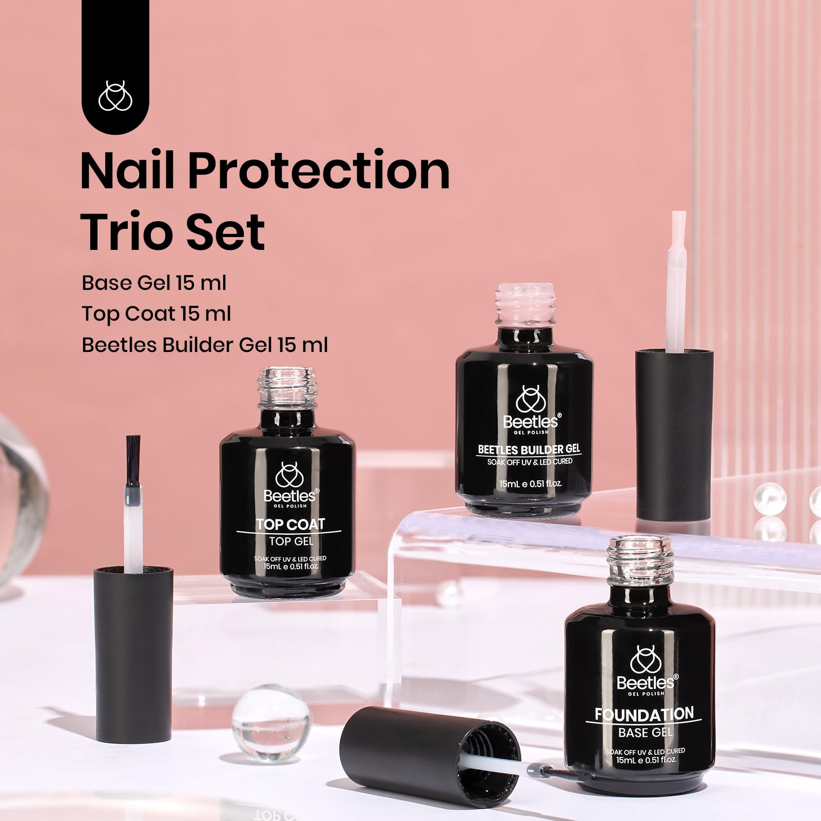 Beetles HEMA-Free Pink Builder Gel Kit - No Wipe Top Coat, Base Coat & Nail Strengthener for Long-Lasting Shine | Soak Off LED Gel for Nail Extensions, Thickening & Repair | Perfect for Salon Professionals & DIY Nail Art at Home