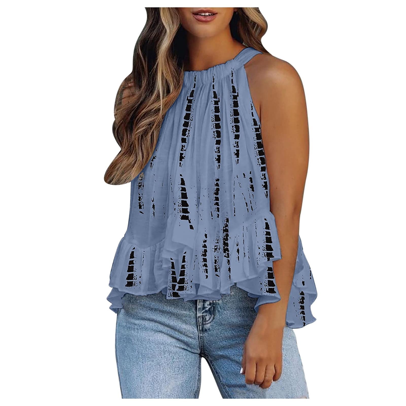 Bidobibo Women's Floral Halter Neck Ruffled Cami Top - Loose Summer Chiffon Tank Tops for Women | Casual Beach Wear, Vacation Outfit, Boho Style Fashion