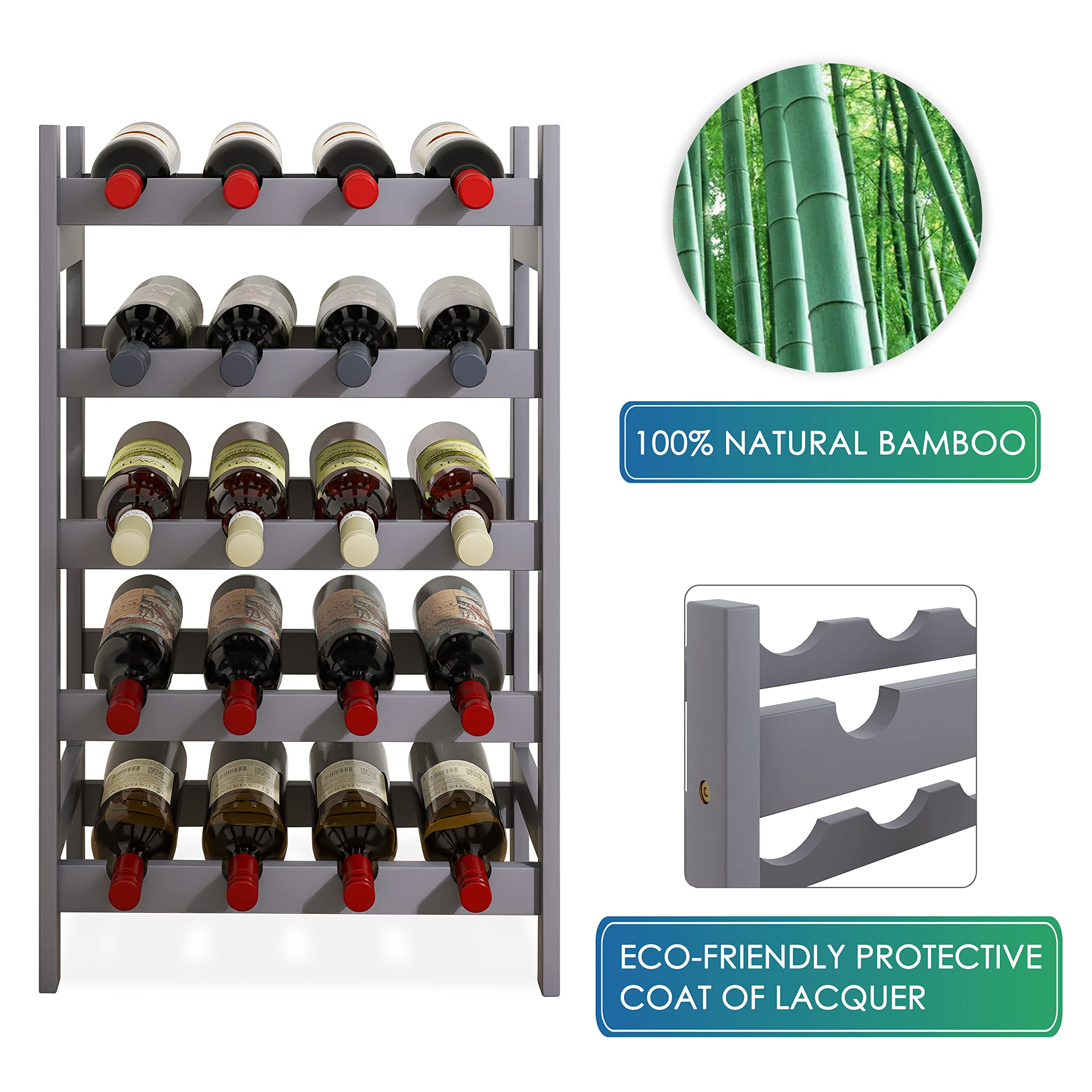SMIBUY 5-Tier Bamboo Wine Rack - 20 Bottle Capacity, Freestanding Wine Display Holder for Kitchen, Bar, Cellar & Pantry Storage - Durable & Stylish Gray Finish - Perfect for Home Entertaining & Wine Collection Organization