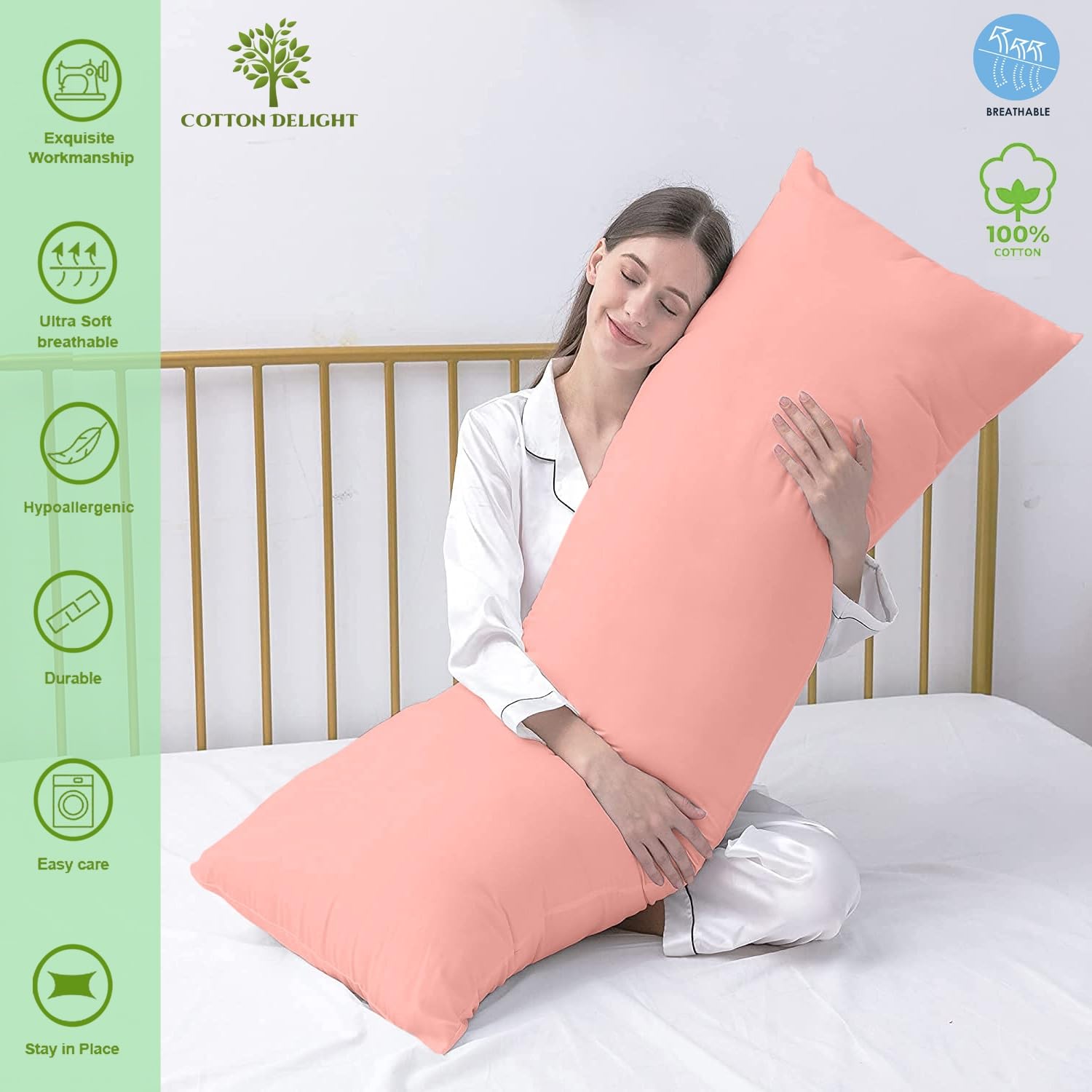 Premium 100% Natural Cotton Body Pillow Cover - 20x60 Inches, 600 Thread Count, Soft Blush Pink with Zipper Closure - Perfect for Sleeping, Lounging & Maternity Support