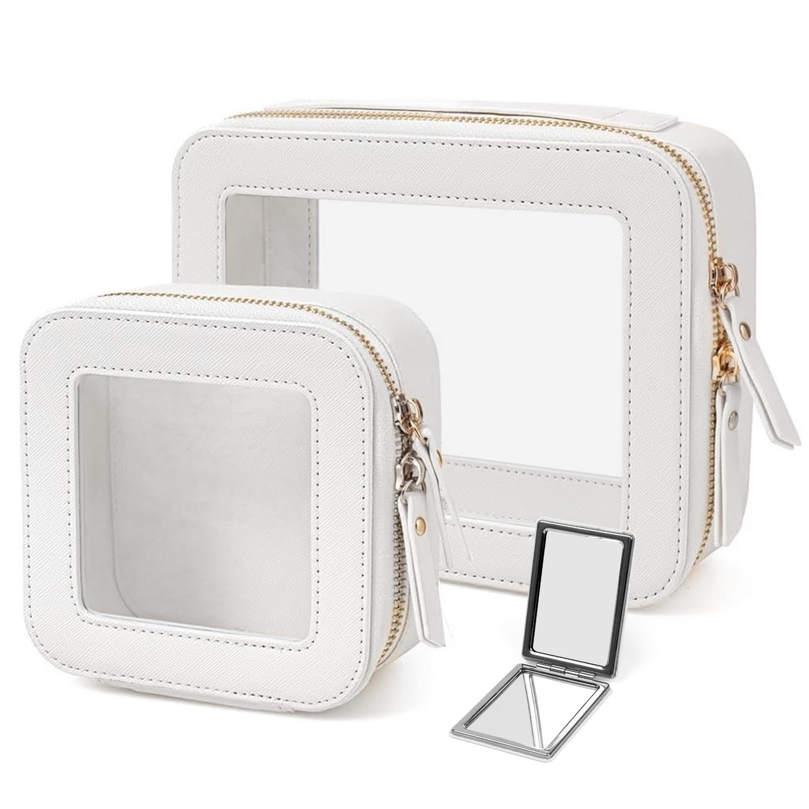Clear Makeup Bag - White Leather Travel Makeup Pouch for Women, Small Waterproof Toiletry Organizer with Zipper for Purse, Backpack & School Supplies - Perfect for Travel, Gym & Daily Essentials (2Pcs)