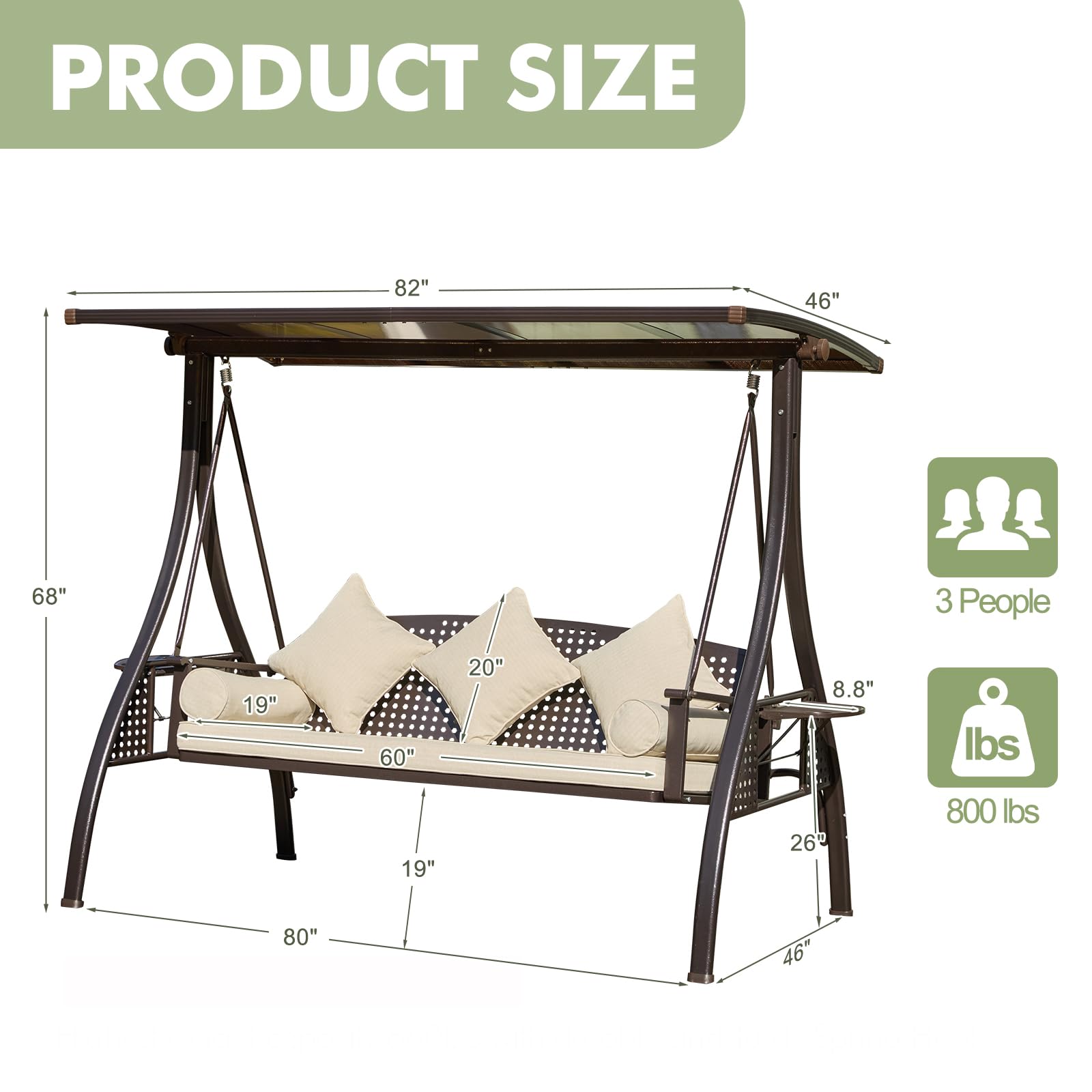 3-Seat Patio Porch Swing with Adjustable Hardtop - Convertible 3-in-1 Outdoor Swing for Adults with Thick Cushion, Pillows & Cup Holders - Perfect for Porch, Backyard, Garden, Deck & Outdoor Relaxation (Beige)