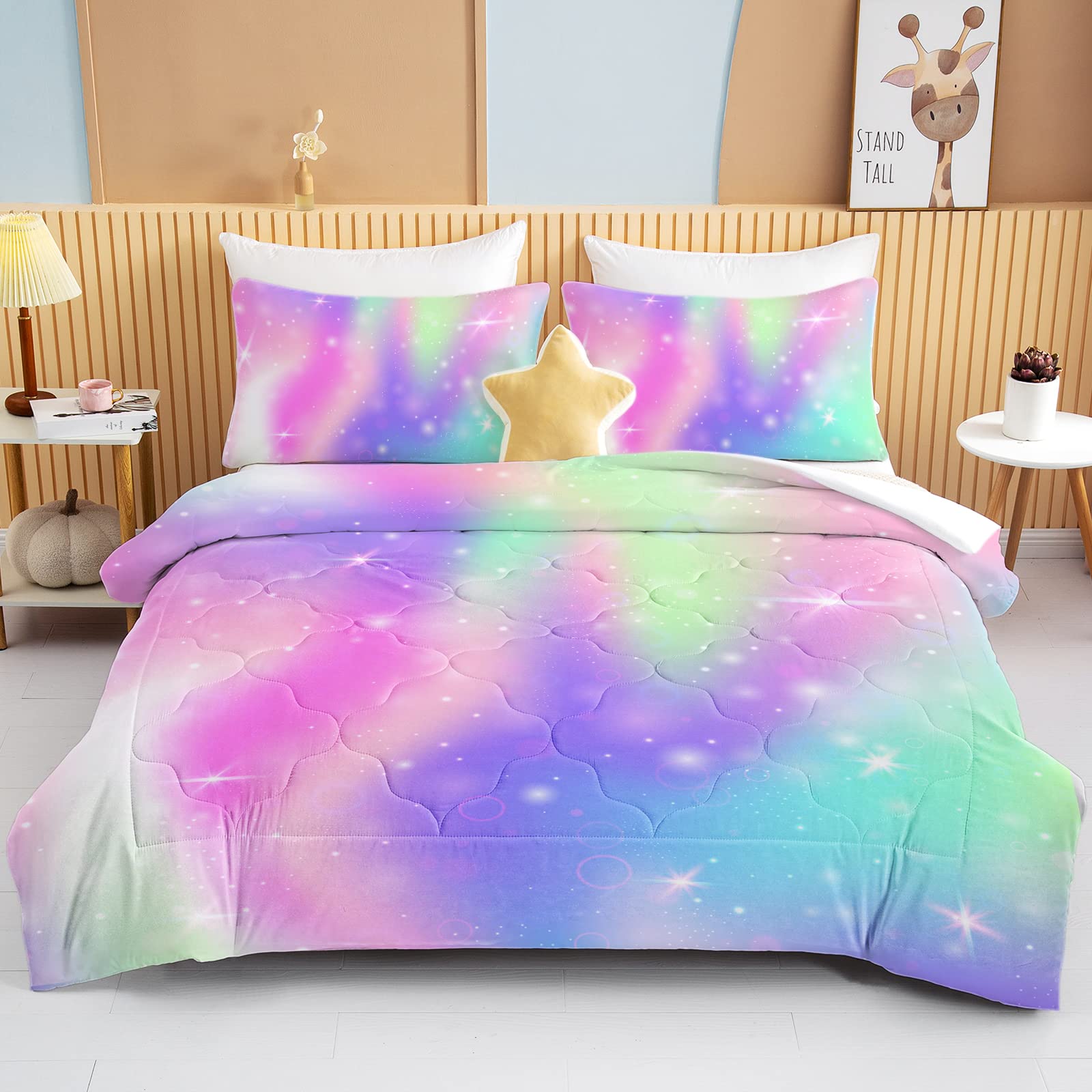 BEDMUST Twin Comforter Set for Girls - Soft Fluffy Purple & Green Bedding, 3-Piece Set Includes 1 Comforter & 2 Pillow Shams | Perfect for Kids' Room Decor, Sleepovers & Cozy Bedtime