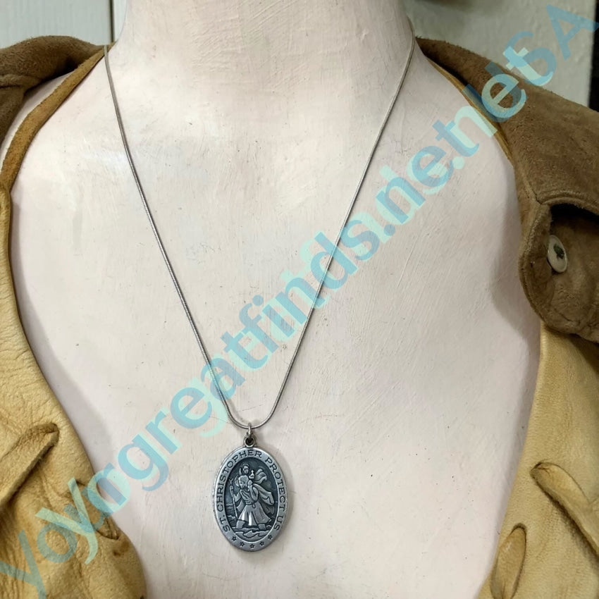 Vintage Large Solid Sterling Silver St. Christopher Necklace for Men - Religious Pendant Jewelry for Travel Protection & Good Luck - Perfect Gift for Baptism, Confirmation & Graduation