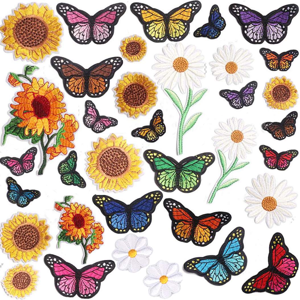 NNHOM 35-Piece Embroidered Iron-On Patch Set for Clothing - Sunflower & Butterfly Designs, Large Size Cute DIY Patches for Jeans, Bags, Jackets & Crafts | Perfect for DIY Fashion, Backpack Decor & Custom Clothing Projects