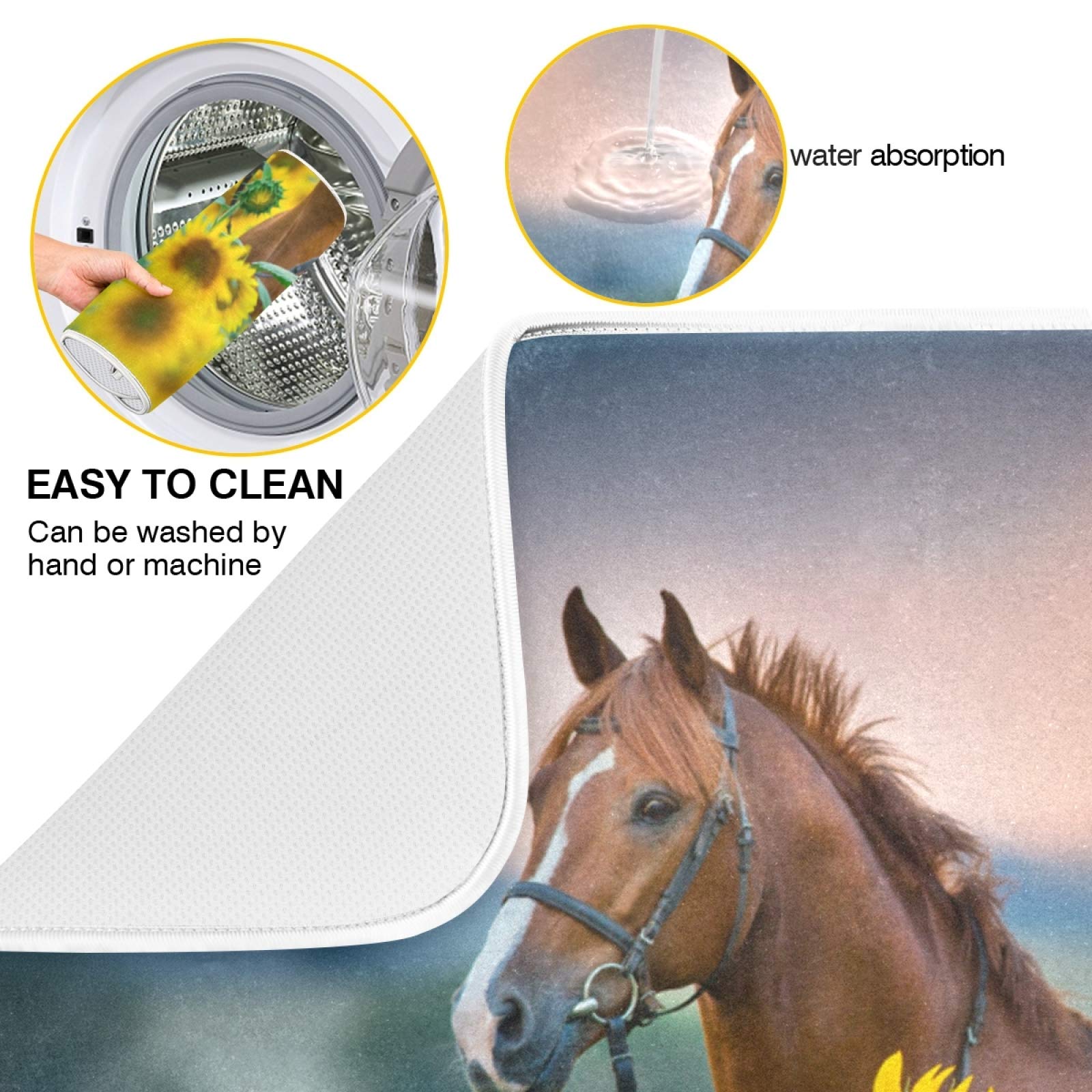 ALAZA Horse Sunflowers Dish Drying Mat - Super Absorbent Microfiber Kitchen Countertop Pad (16x18 Inch) for Dishes, Utensils & Cookware - Perfect for Drying, Decorating & Protecting Countertops