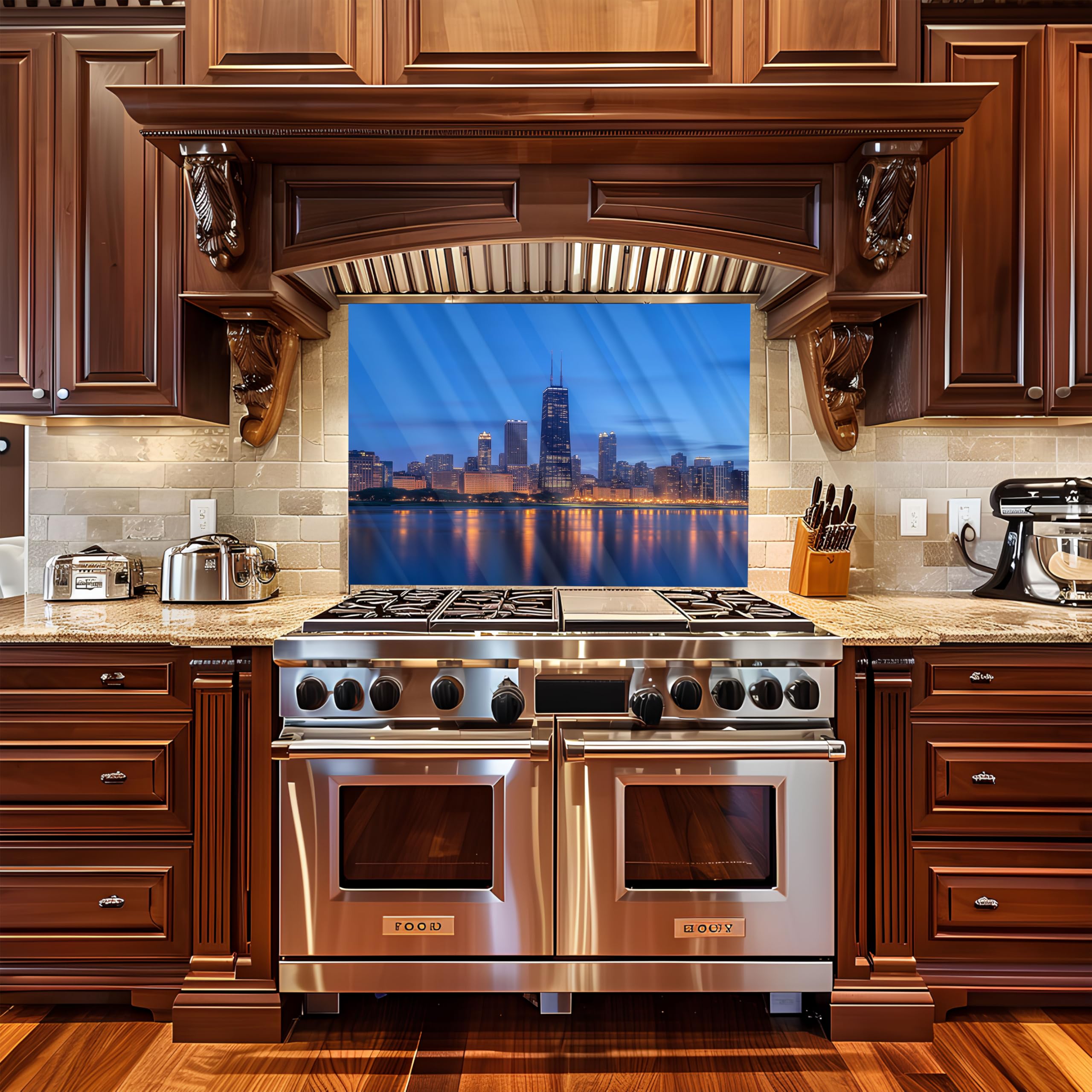 Chicago Skyline Tempered Glass Kitchen Backsplash - Peel and Stick Stove Backsplash, Easy to Clean & Heat Resistant - Perfect for Modern Kitchens, Behind Stove Protection & Stylish Home Decor
