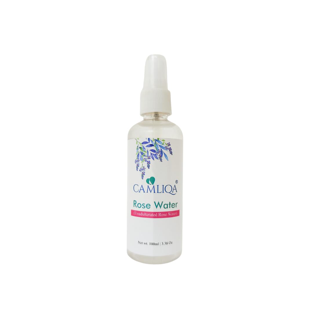Camliqa 100% Pure Natural Rose Water - 100ml (3.4oz) | Alcohol-Free Facial Toner & Hydrating Mist for Skin Care, Makeup Setting & Hair Refreshment | Vegan & Cruelty-Free