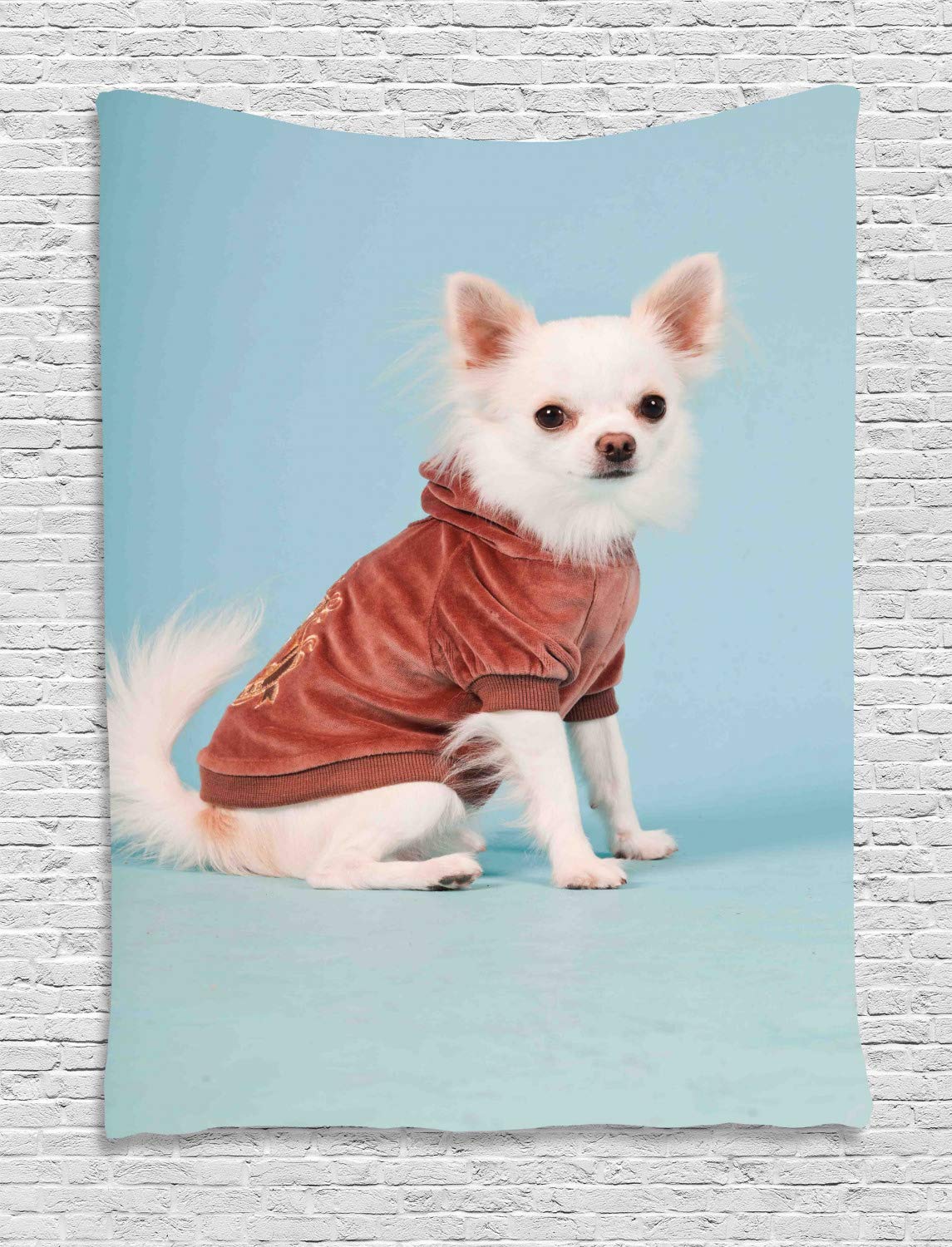 Ambesonne Chihuahua Dog Tapestry Wall Art - Cute Puppy in Clothes Portrait - 40x60 Inch Pale Blue & Salmon Wall Hanging for Bedroom, Living Room, Dorm Decor - Perfect for Pet Lovers & Home Styling