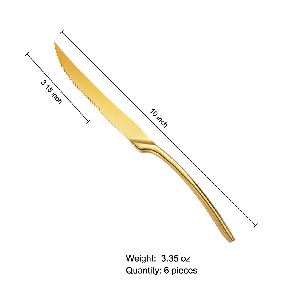 Premium 6-Piece Stainless Steel Gold Steak Knives Set - 10 Inch Serrated Forged Blades, Mirror Polished Finish, Dishwasher Safe - Perfect for Fine Dining, Steakhouse Experience & Gourmet Cooking at Home
