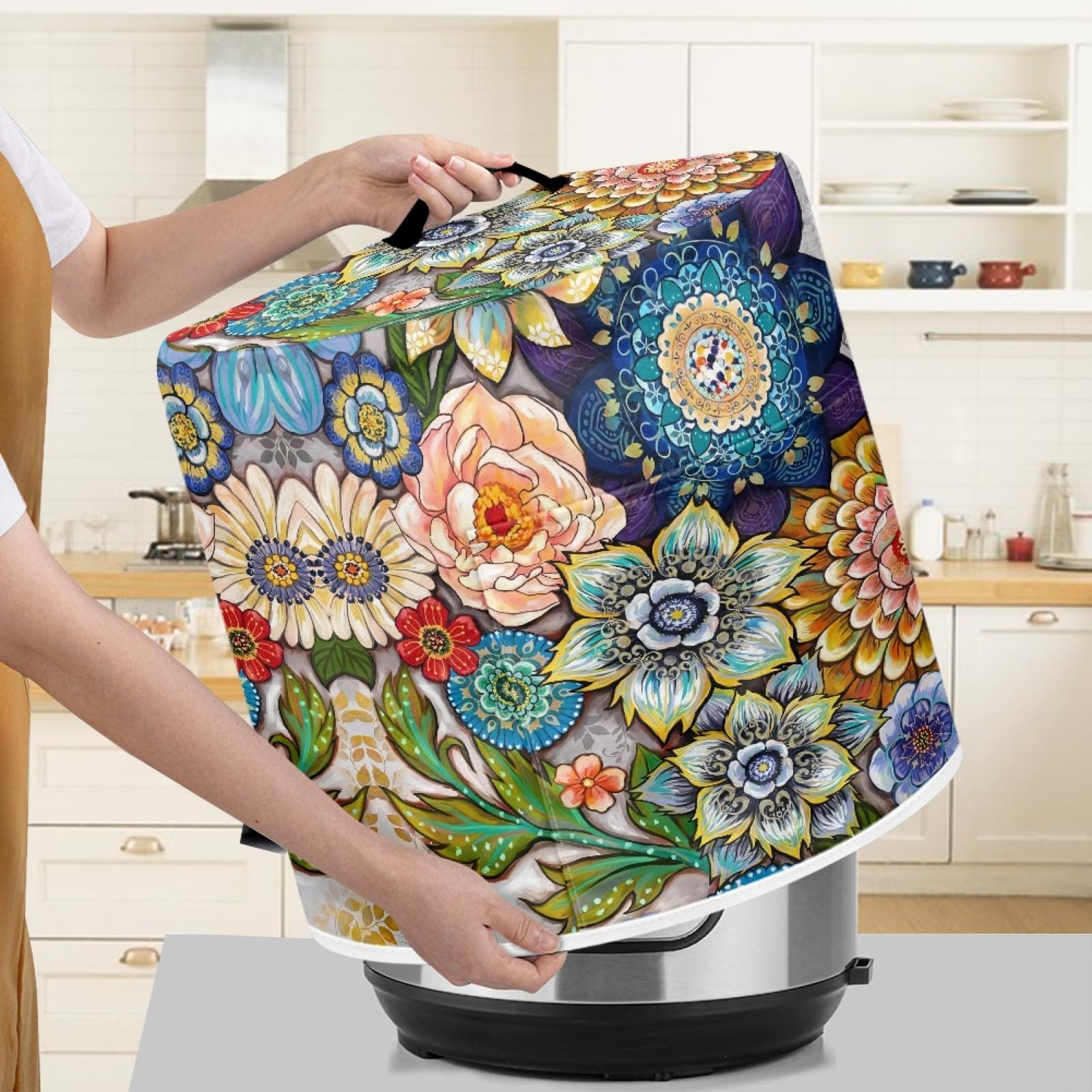Xoenoiee 6 qt Instant Pot Cover - Boho Floral Blossoms Pattern Pressure Cooker Lid with Storage Pockets | Dust Protection for Rice Cooker, Air Fryer & Slow Cooker | Perfect for Kitchen Organization & Appliance Protection