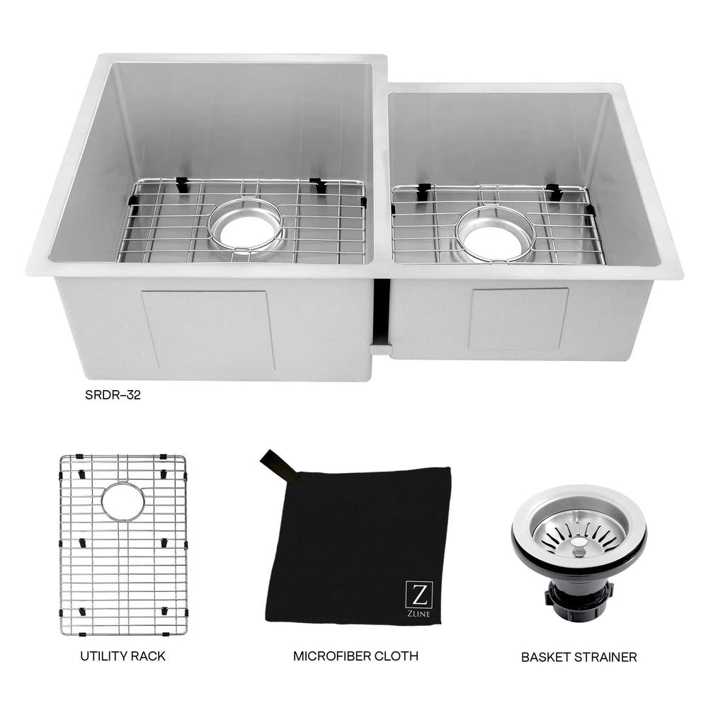 ZLINE Jackson 32-Inch Undermount Double Bowl Stainless Steel Kitchen Sink with Bottom Grid (SRDR 32) - Perfect for Modern Kitchens, Food Prep & Dishwashing