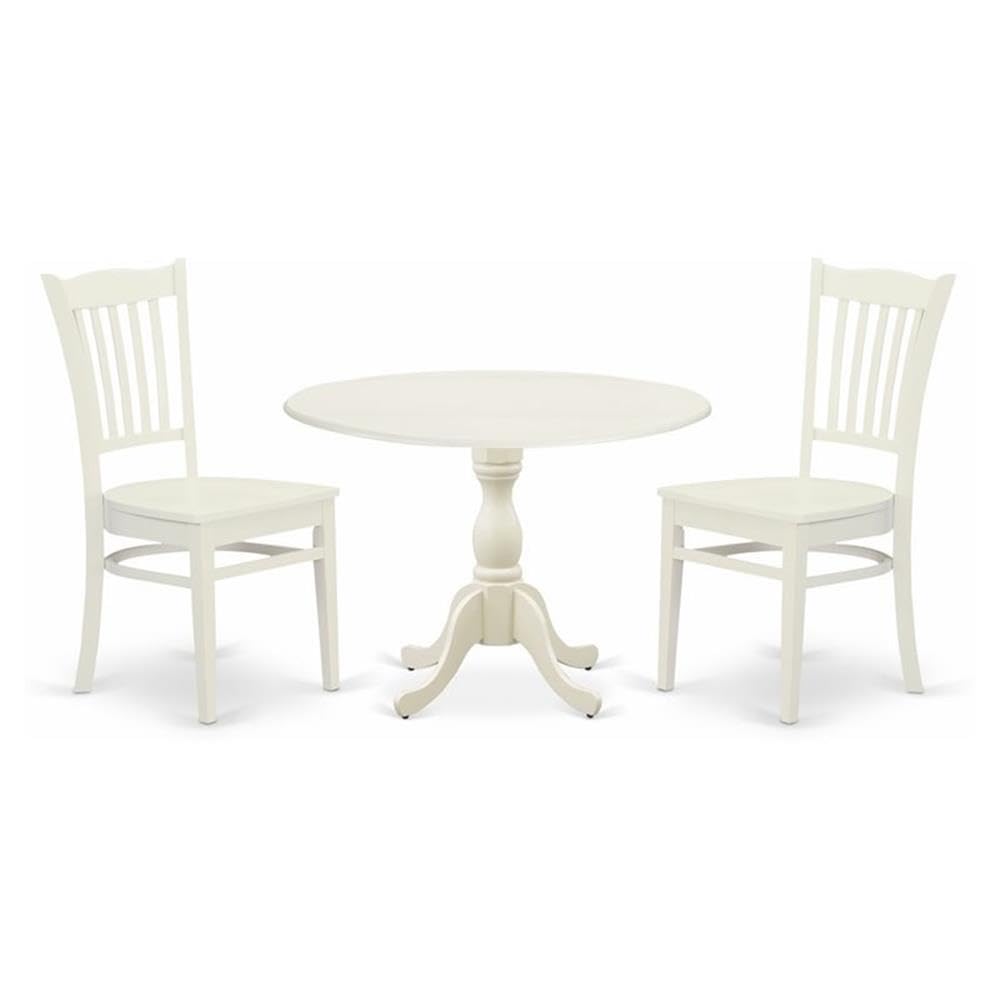 East West Furniture DMGR3-LWH-W 3-Piece Round Dining Set with Drop Leaf Table & 2 Chairs, 42x42 Inch, Linen White - Perfect for Small Kitchens, Breakfast Nooks & Cozy Apartments