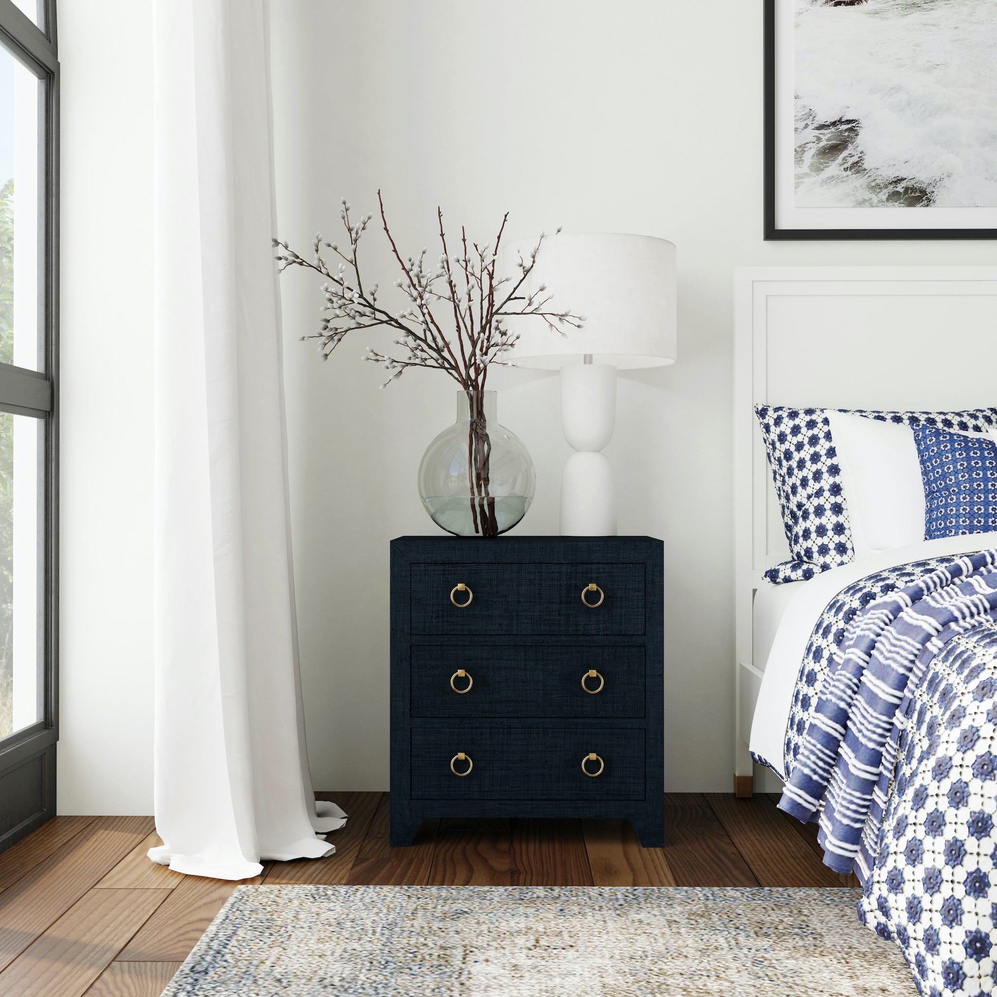 Coastal Navy Saguran Raffia Three Drawer Nightstand - Stylish Bedside Table for Bedroom, Living Room, or Guest Room Decor
