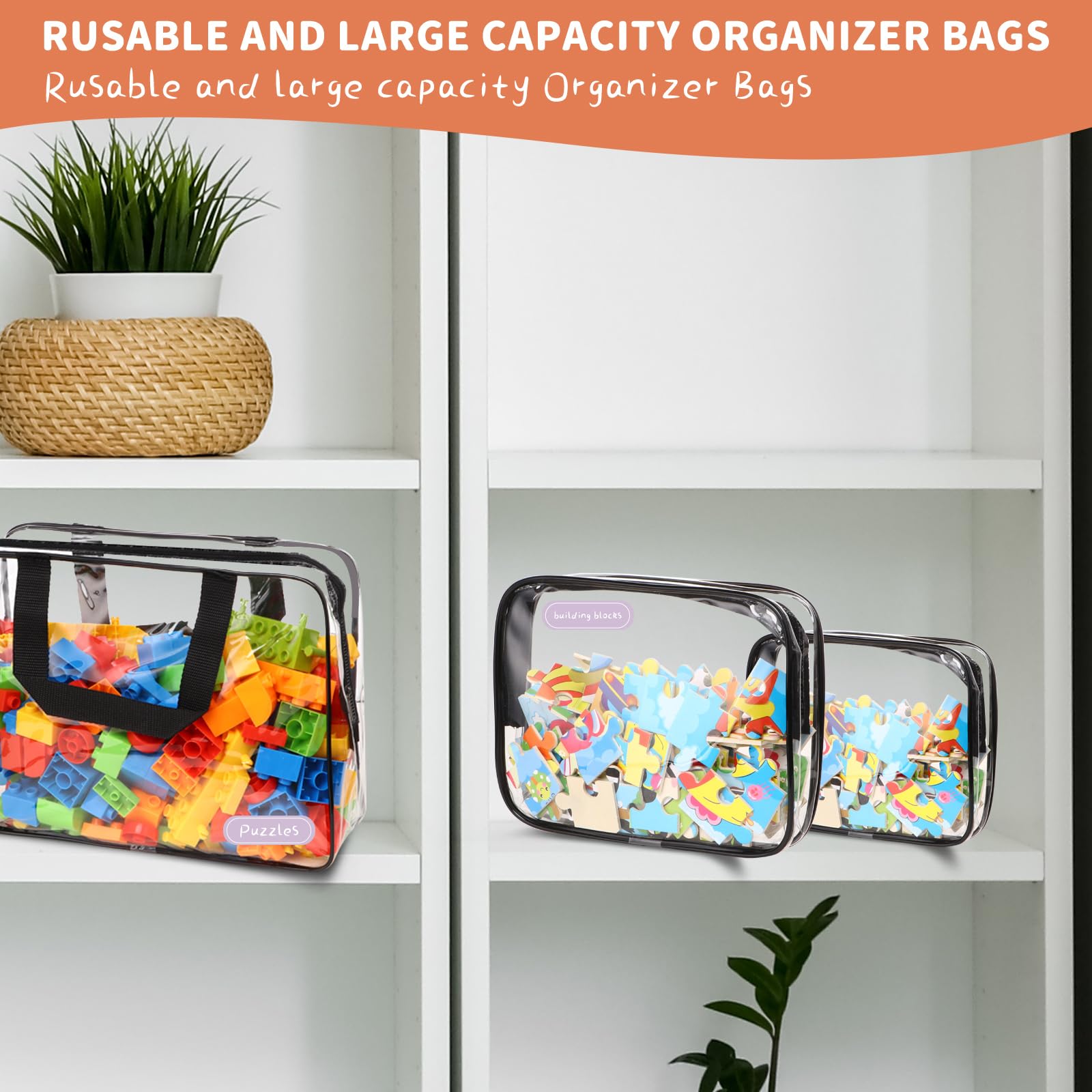 18 Pack Large Clear PVC Toy Storage Bags with Zipper & Labels - Waterproof Travel Organizer for Kids Toys, Building Blocks, Puzzles & Books (Black) - Perfect for Home Organization, Playroom Storage & Travel