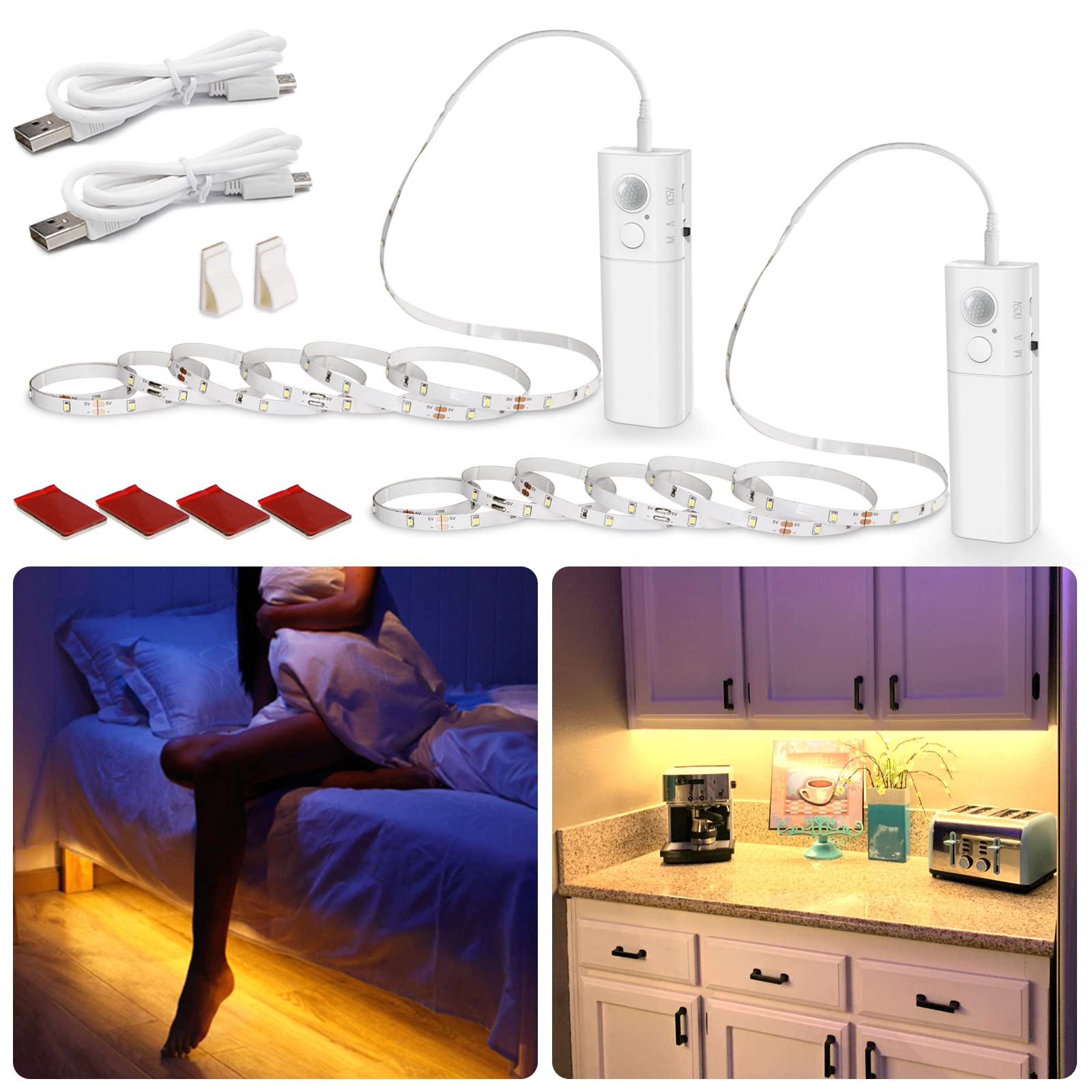 WOBANE Rechargeable Motion Sensor LED Strip Lights - 2 Pack, 6.56ft Battery Operated Closet Lighting with 2700K Warm White for Wardrobe, Stairs, Pantry, Cupboard, Bed, Locker | Perfect for Night Lighting, Home Safety & Dark Space Illumination