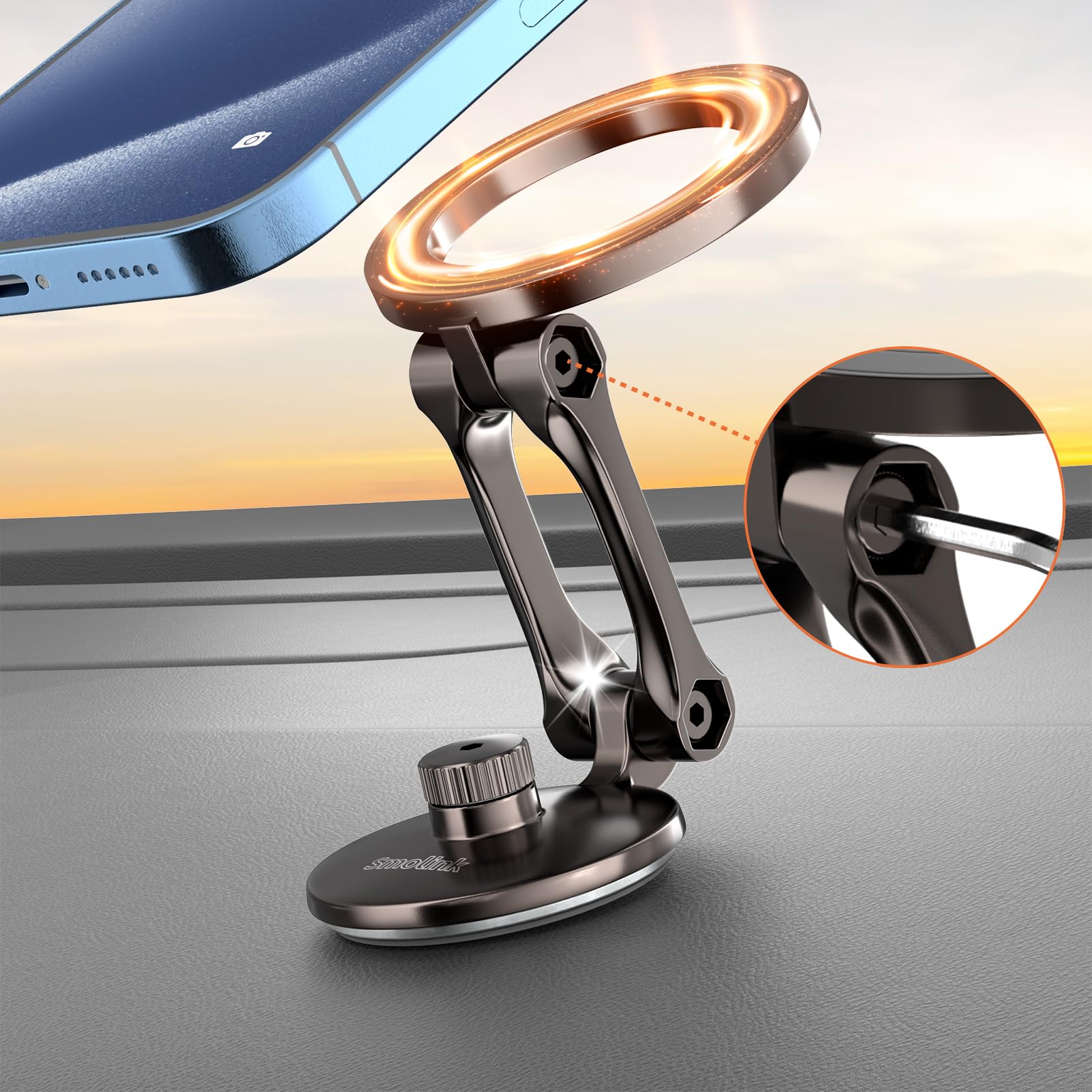 Smolink Magsafe Car Mount - Universal 360° Adjustable Magnetic Phone Holder for iPhone 15 Pro Max/Plus/14/13/12/Mini & Android - Alloy Folding Car Phone Stand - Perfect for Commuting, Road Trips & Hands-Free Navigation