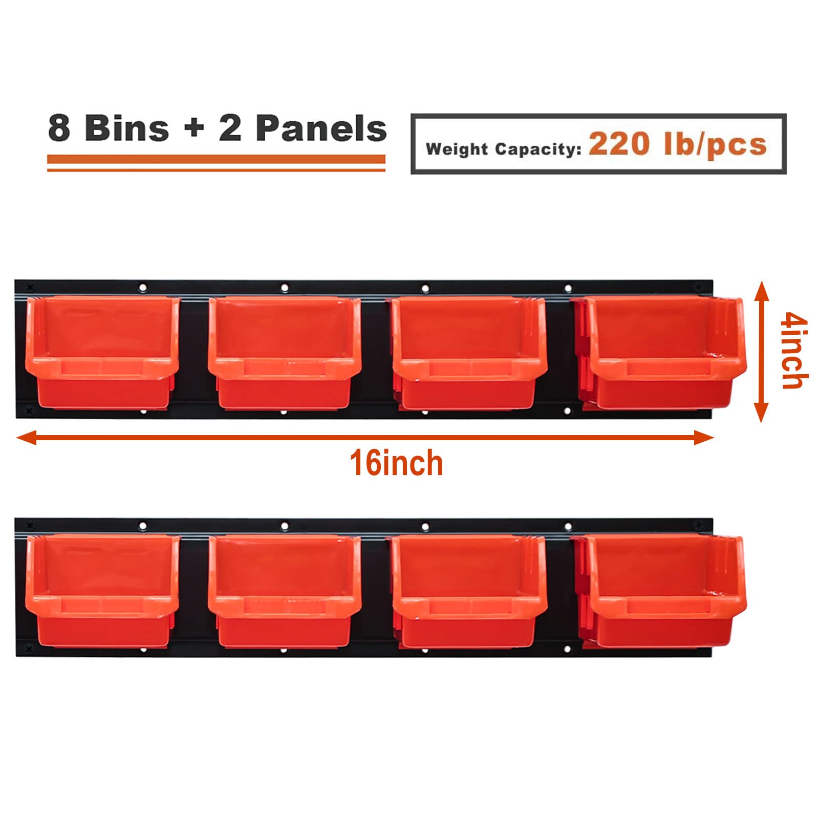 Wallmaster 8-Bin Storage Bins - 2-Tier Wall Mount Garage Organizer Rack System with Orange Tool Cube Baskets | Perfect for Garage, Workshop & Home Organization