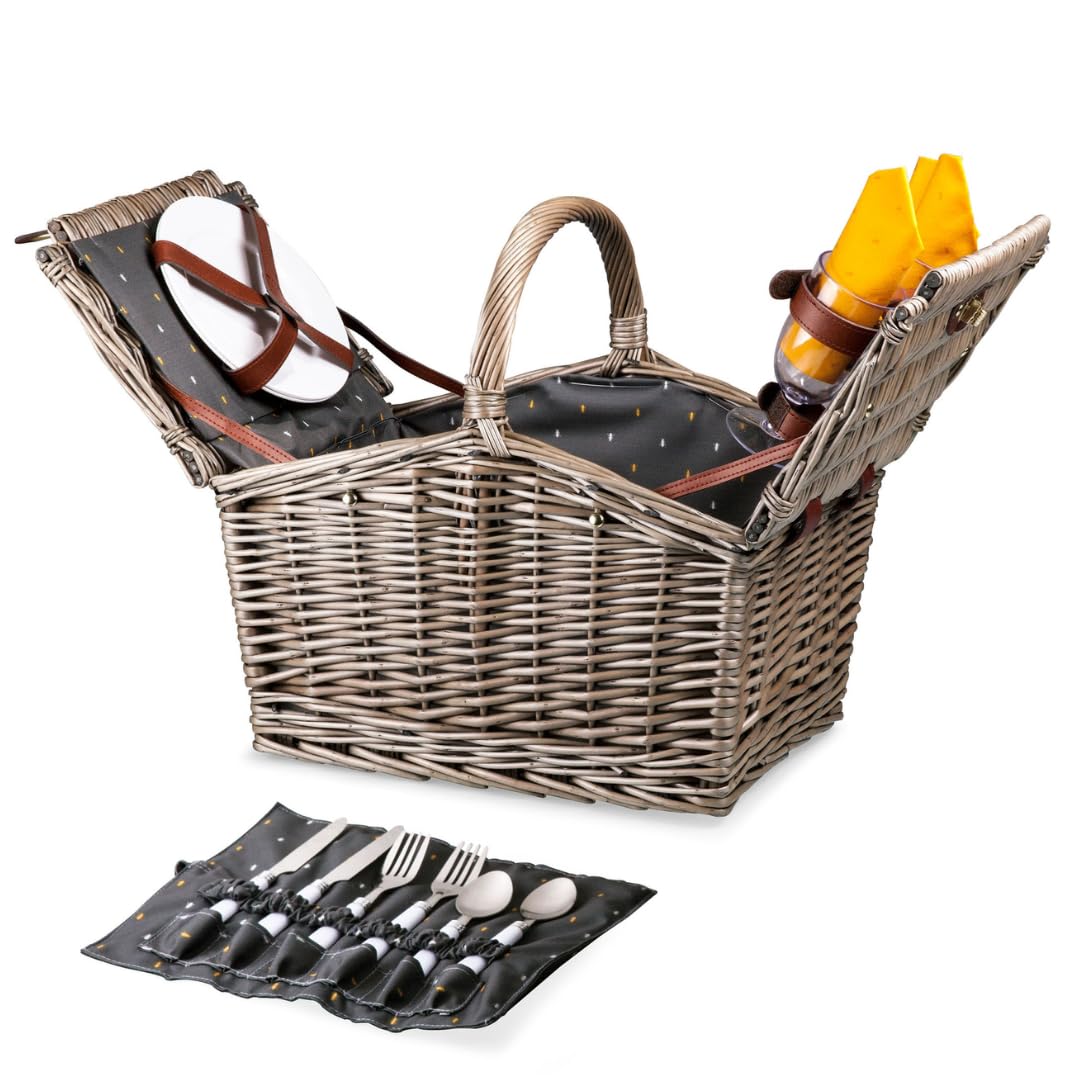 Romantic Picnic Basket for 2 with Complete Picnic Set - Includes Utensils, Wine Glasses, Plates & Opener | Gray & Gold Anthology Collection | Perfect for Outdoor Dates, Beach Picnics & Anniversary Gifts