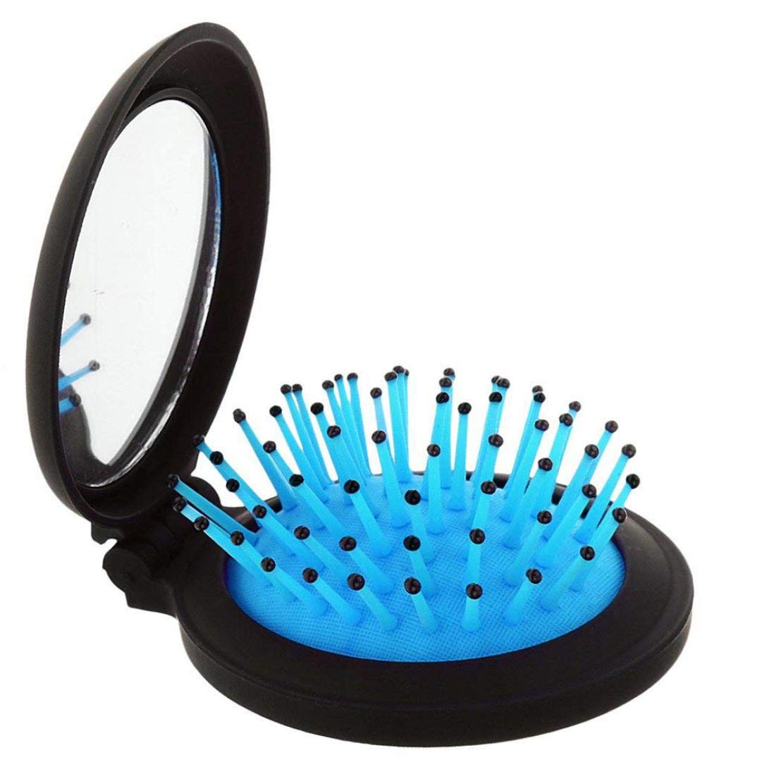 Portable Folding Travel Hair Brush & Comb Set with Mirror - Mini Pocket Hairbrush for Women, Detangling Styling Tool - Perfect for On-the-Go, Gym, Purse & Travel Accessories (Blue)