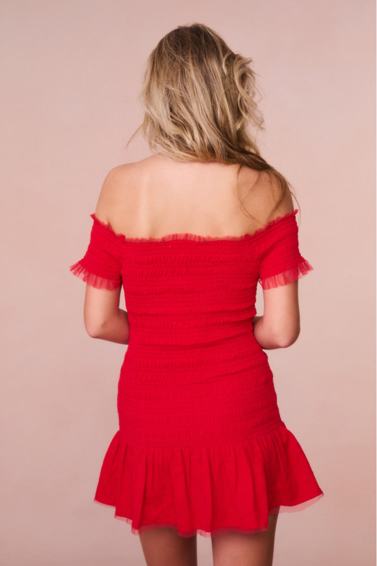 Girls Mosa Off The Shoulder Mini Dress - Crimson Red Summer Party Dress for Teens, Beach Vacation, Date Night & Special Occasions