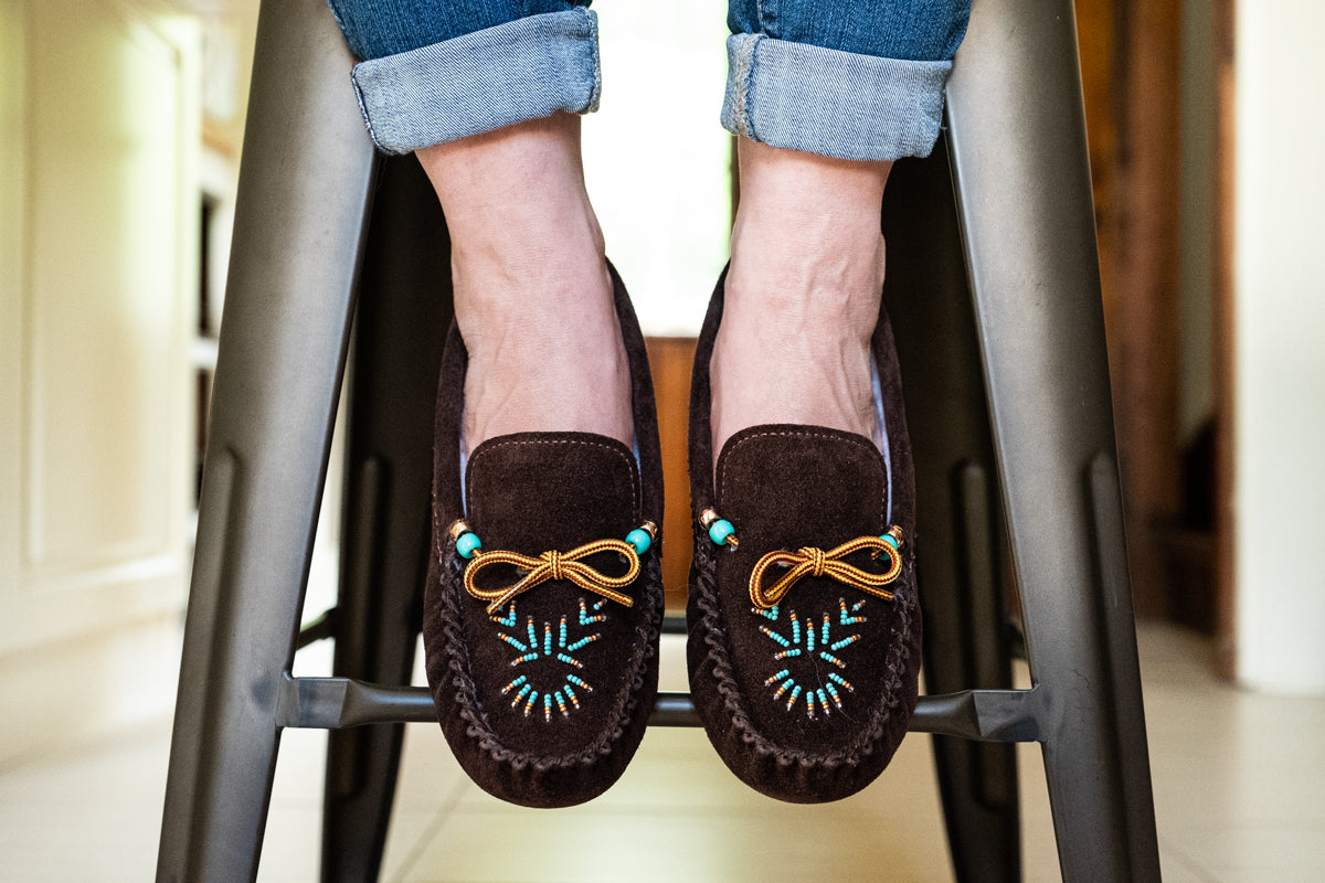 Women's Soft Sole Beaded Fleece Lined Suede Moccasins - Cozy Indoor/Outdoor House Slippers for Winter Comfort & Warmth | Perfect for Home, Lounge, and Cold Weather Wear