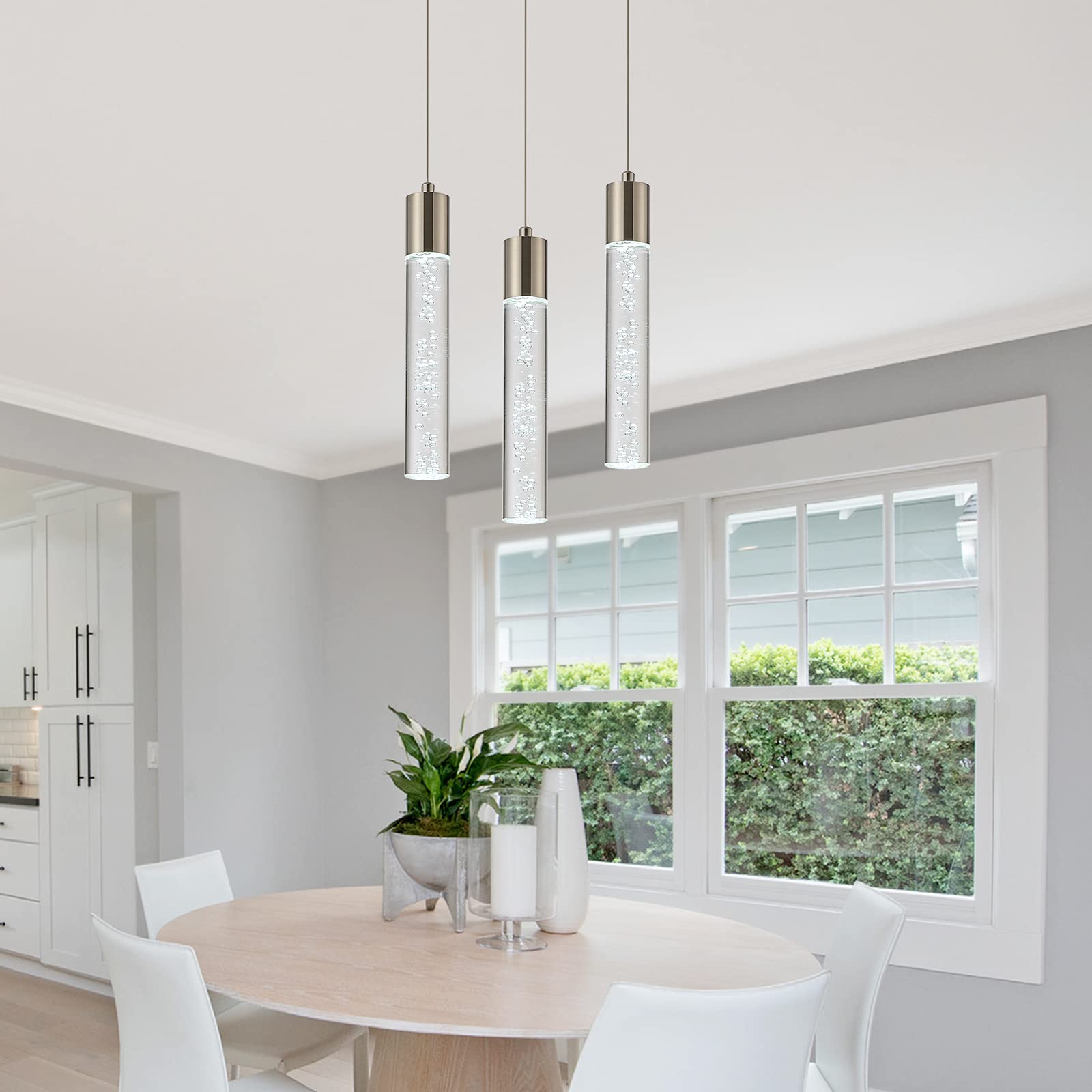 3-Light Pendant Lighting Fixture - Modern Satin Nickel Ceiling Light with Dimmable LED Bulbs, Crystal Bubble Chandelier for Kitchen Island, Dining Room, Living Room & Restaurant Decor (6000K Daylight White) - Perfect for Contemporary Home & Commercial Spaces