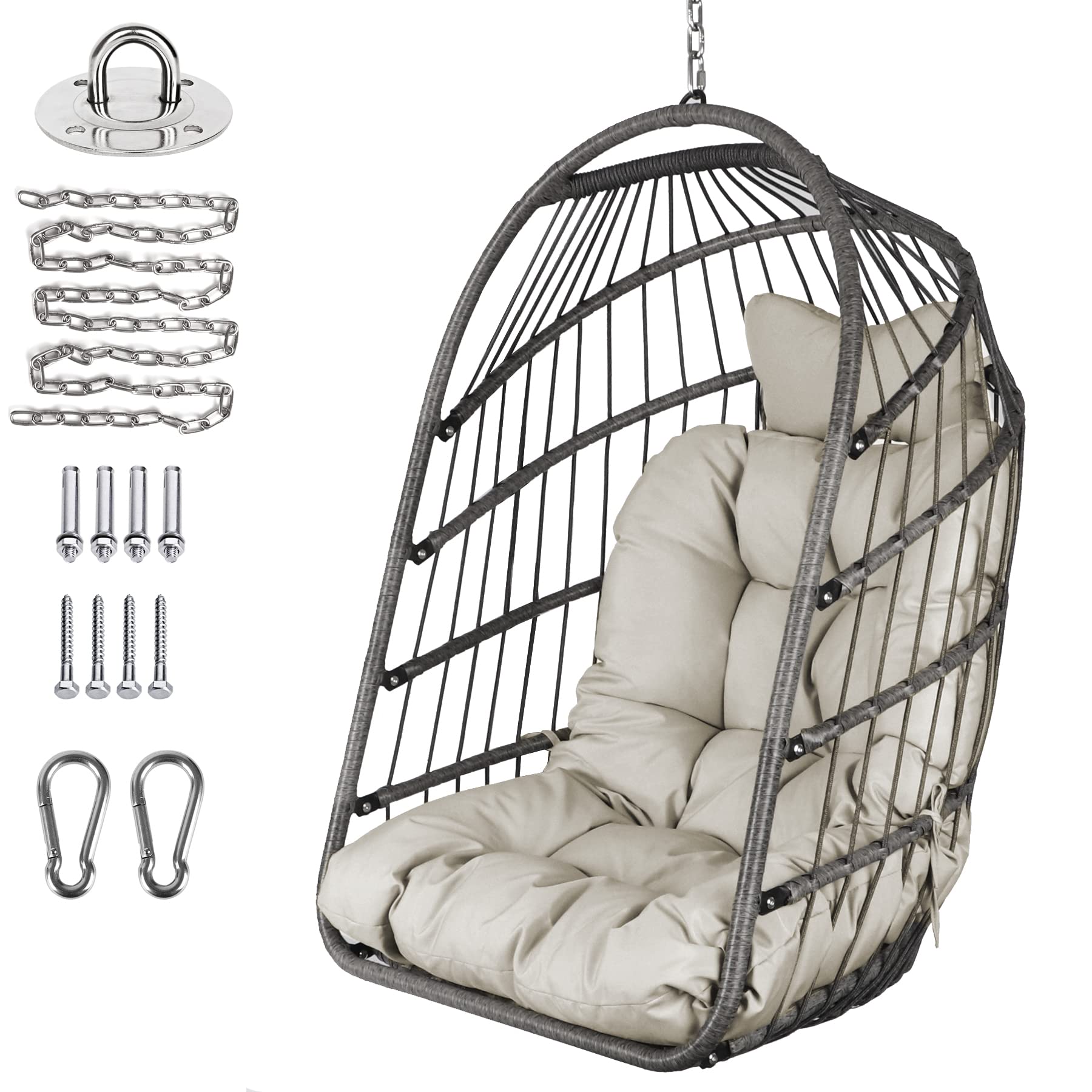 Chihee Foldable Wicker Egg Hanging Chair - Indoor Outdoor Rattan Swing Chair with Stainless Steel Hanging Kit & UV-Resistant Cushion - Perfect for Patio, Balcony, Bedroom, and Garden Relaxation