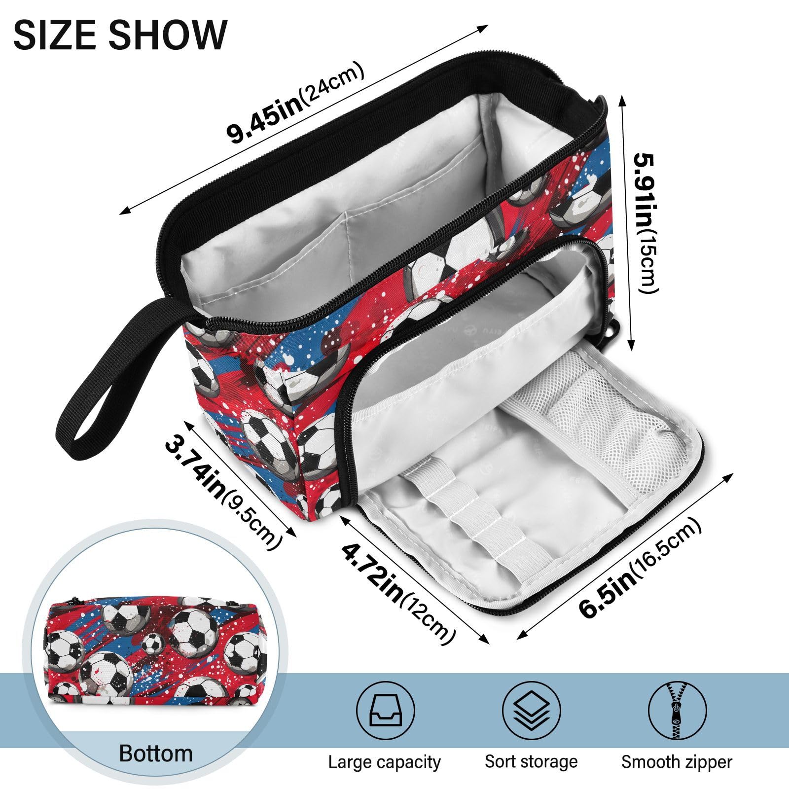 Premium Red Soccer Ball Design Large Capacity Pencil Case - Multi-Compartment Portable Pen Pouch Organizer for School, Office & Travel | Aesthetic Stationery Storage for Students, Teens & Adults (Boys & Girls)