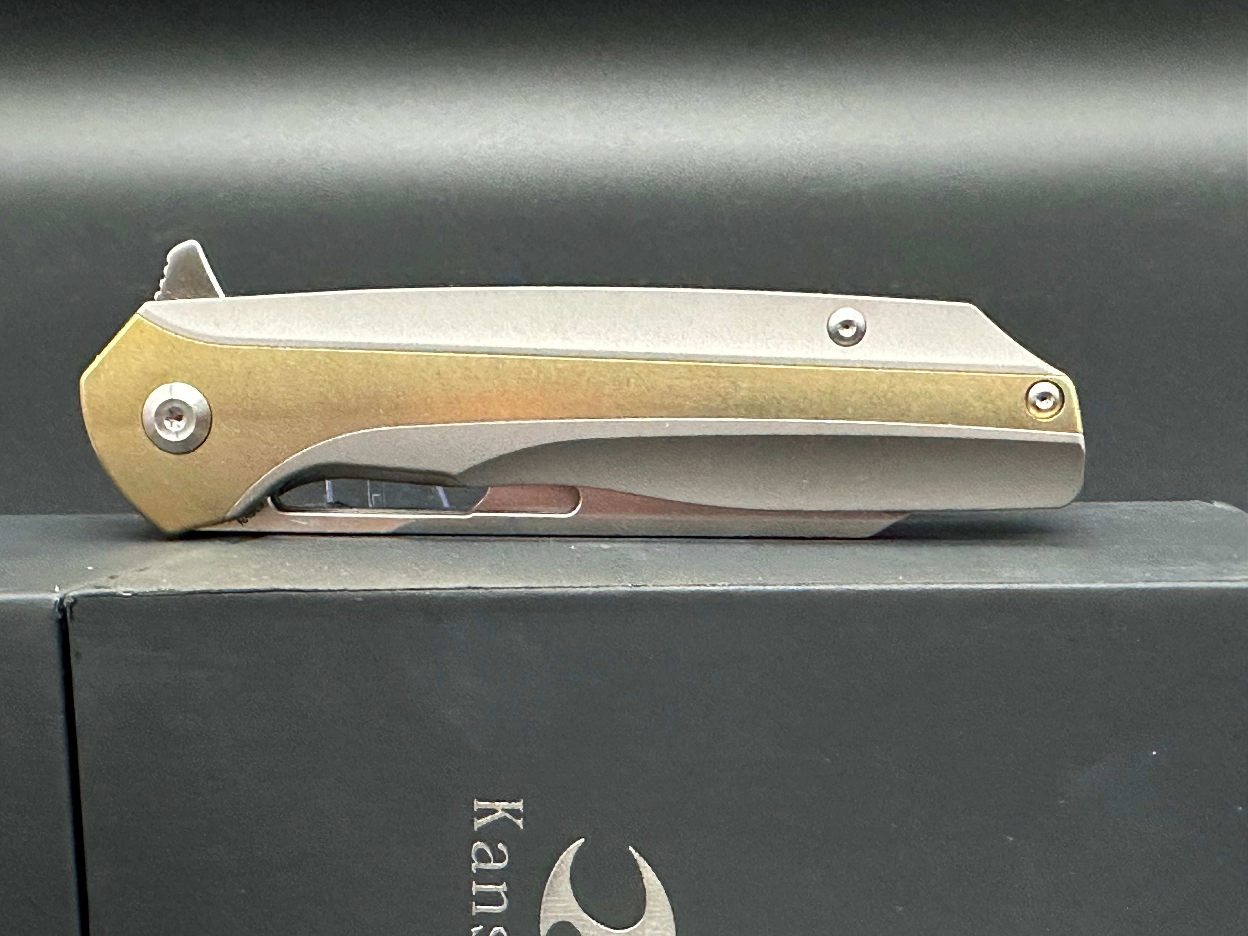 Kansept Shard Gray Titanium Frame Knife with Bronze Inlays - EDC Folding Pocket Knife for Outdoor, Camping, and Everyday Carry