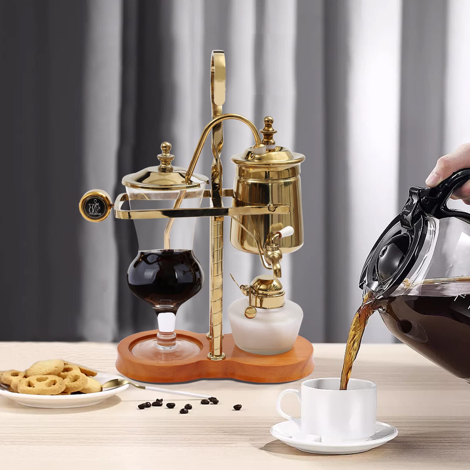 Premium Belgian Royal Family Balance Syphon Coffee Maker with Tee Handle - Gold Luxury Coffee Brewer for Home, Office & Cafe Use