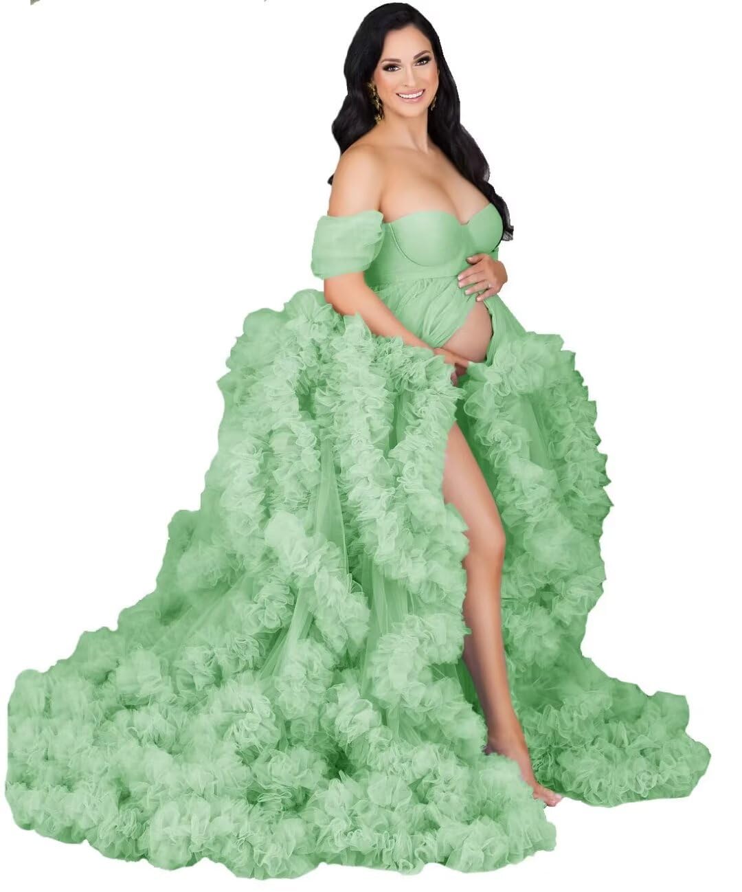 Elegant Maternity Photoshoot Dress for Women - Lace Tulle Robe with Puffy Ruffles, Bridal Lingerie & Sheer Wedding Scarf - Perfect for Maternity Photos, Boudoir Sessions & Special Occasions