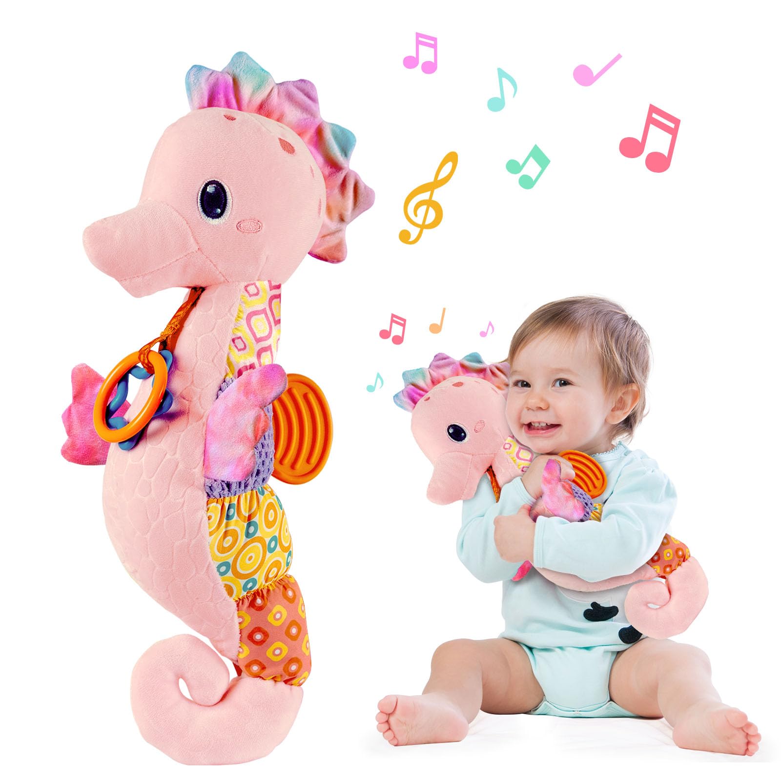 Fuzqq Soft Musical Baby Toys 0-12M - Crinkle & Rattle Stuffed Animal for Newborns (Pink) | Nursery Playtime Gift