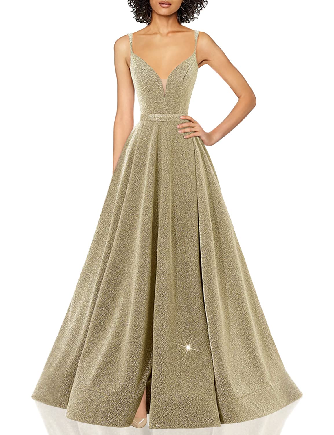 Sparkly Women's V-Neck Prom Dresses with Thick Straps & High Side Slit - Elegant Long Evening Gowns for Homecoming, Cocktail Parties & Formal Events