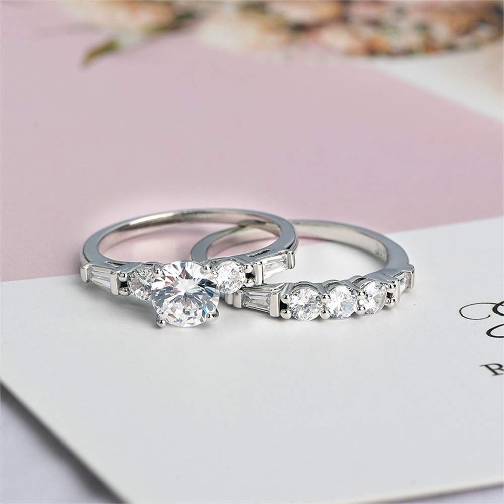 925 Sterling Silver Cubic Zirconia Ring Set - 2PC Shiny CZ Three Stone Eternity Band for Women | Wedding, Engagement, Anniversary Gift Jewelry | Perfect for Bridal Party, Date Night & Special Occasions