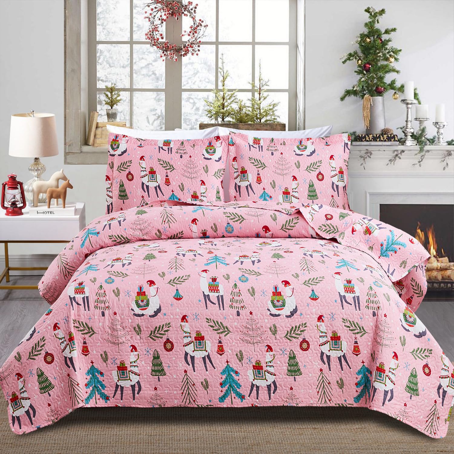 Smuge Kids Pink Christmas Alpaca Quilt Set Twin Size - Snowflake Tree Printed Bedding for Holiday & Xmas Celebration - Soft Bedspread Comforter Cover - Cozy Bedroom Decor for Winter Season