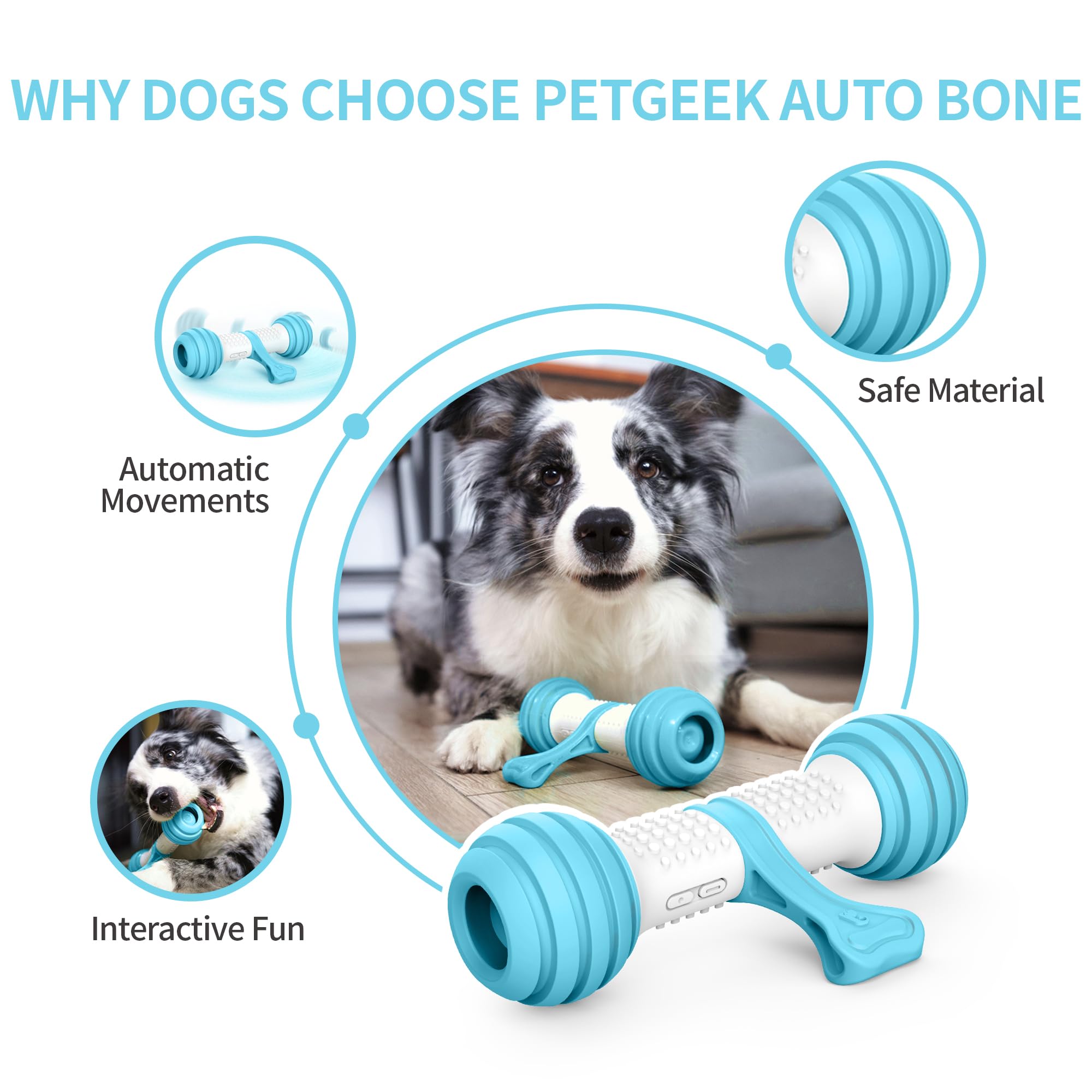 PETGEEK Interactive Dog Toys - Automatic Electronic Chew Bones for Small Medium Large Dogs - Rechargeable USB Pet Toy with Safe Durable Material - Keep Dogs Entertained Indoors & Outdoors - Perfect for Boredom Relief, Separation Anxiety, and Training (Blue)
