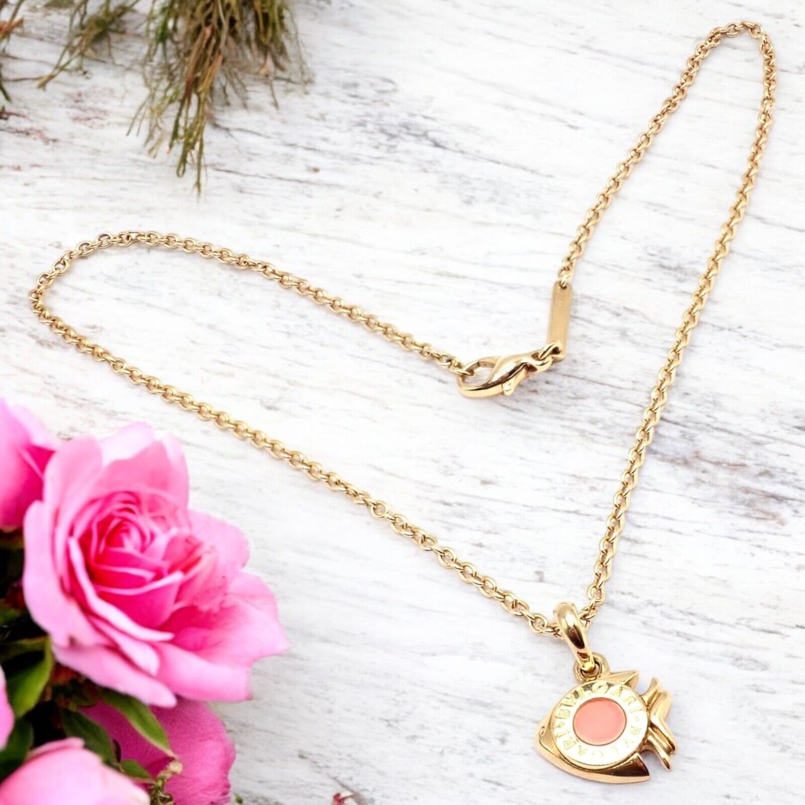 Authentic Bulgari Bvlgari 18k Yellow Gold Coral Naturalia Fish Pendant Necklace - Luxury Jewelry for Women, Elegant Gift for Special Occasions